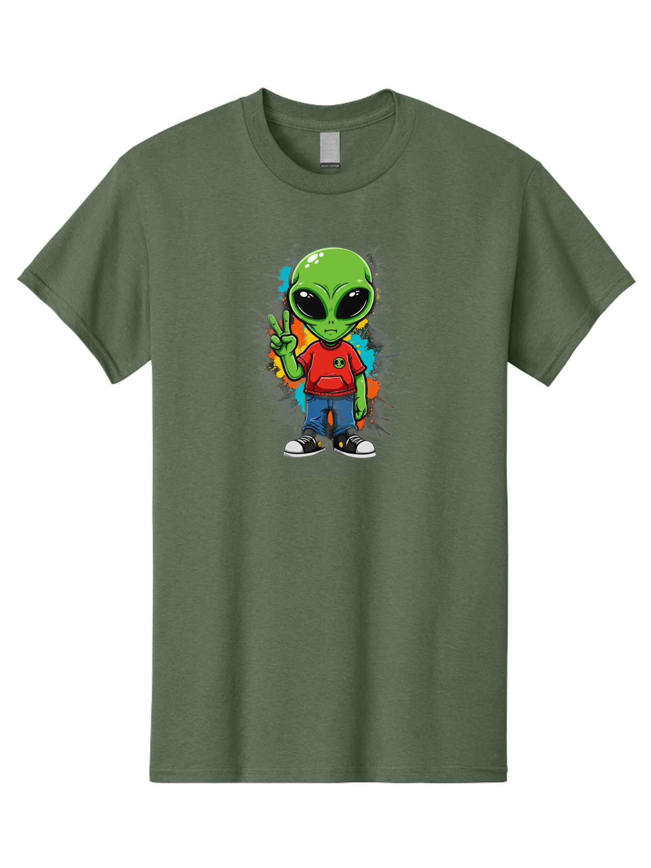 Alien-1 Men'S Graphic Tee, 100% Cotton, Comfortable Casual Summer Wear, Machine Washable, Cartoon Alien, Peace Sign, Red Shirt, Blue Jeans, Black Sneakers, Colorful Splatter, Playful Vibe, Fun Design, Quirky Character, Streetwear Style Bab619