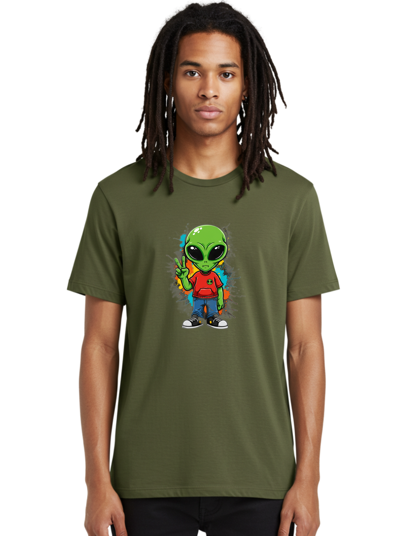 Alien-1 Men'S Graphic Tee, 100% Cotton, Comfortable Casual Summer Wear, Machine Washable, Cartoon Alien, Peace Sign, Red Shirt, Blue Jeans, Black Sneakers, Colorful Splatter, Playful Vibe, Fun Design, Quirky Character, Streetwear Style Bab619