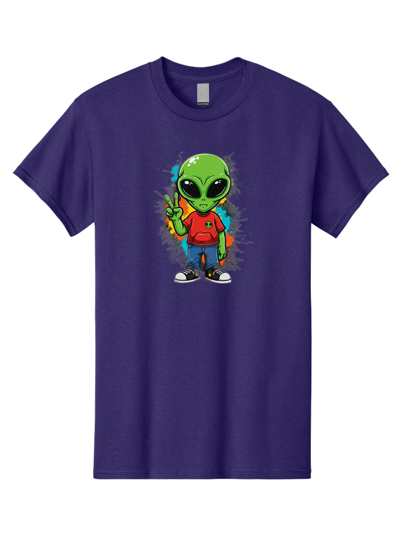 Alien-1 Men'S Graphic Tee, 100% Cotton, Comfortable Casual Summer Wear, Machine Washable, Cartoon Alien, Peace Sign, Red Shirt, Blue Jeans, Black Sneakers, Colorful Splatter, Playful Vibe, Fun Design, Quirky Character, Streetwear Style Bab619