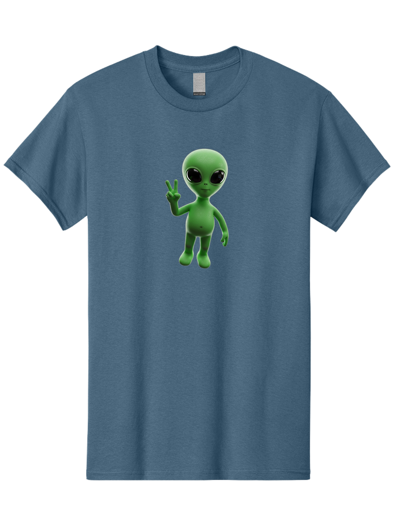 Alien-2 Men'S Graphic Tee, 100% Cotton, Comfortable Casual Summer Wear, Machine Washable, Cartoon Alien, Peace Sign, 3D Rendering, Friendly Gesture, Outer Space Character, Green Skin Tone, Black Eyes, Digital Artwork, Pop Culture Symbol Bab620