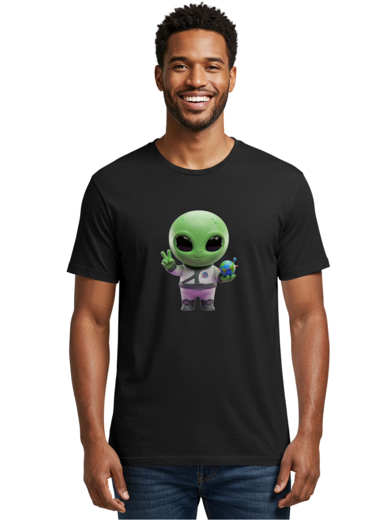 Alien-Astronaut Men'S Graphic Tee, 100% Cotton, Comfortable Casual Summer Wear, Machine Washable, Cartoon Alien, Astronaut Costume, Peace Sign, Earth Globe, Space Exploration, Friendly Extraterrestrial, Sci-Fi Character, Bab621