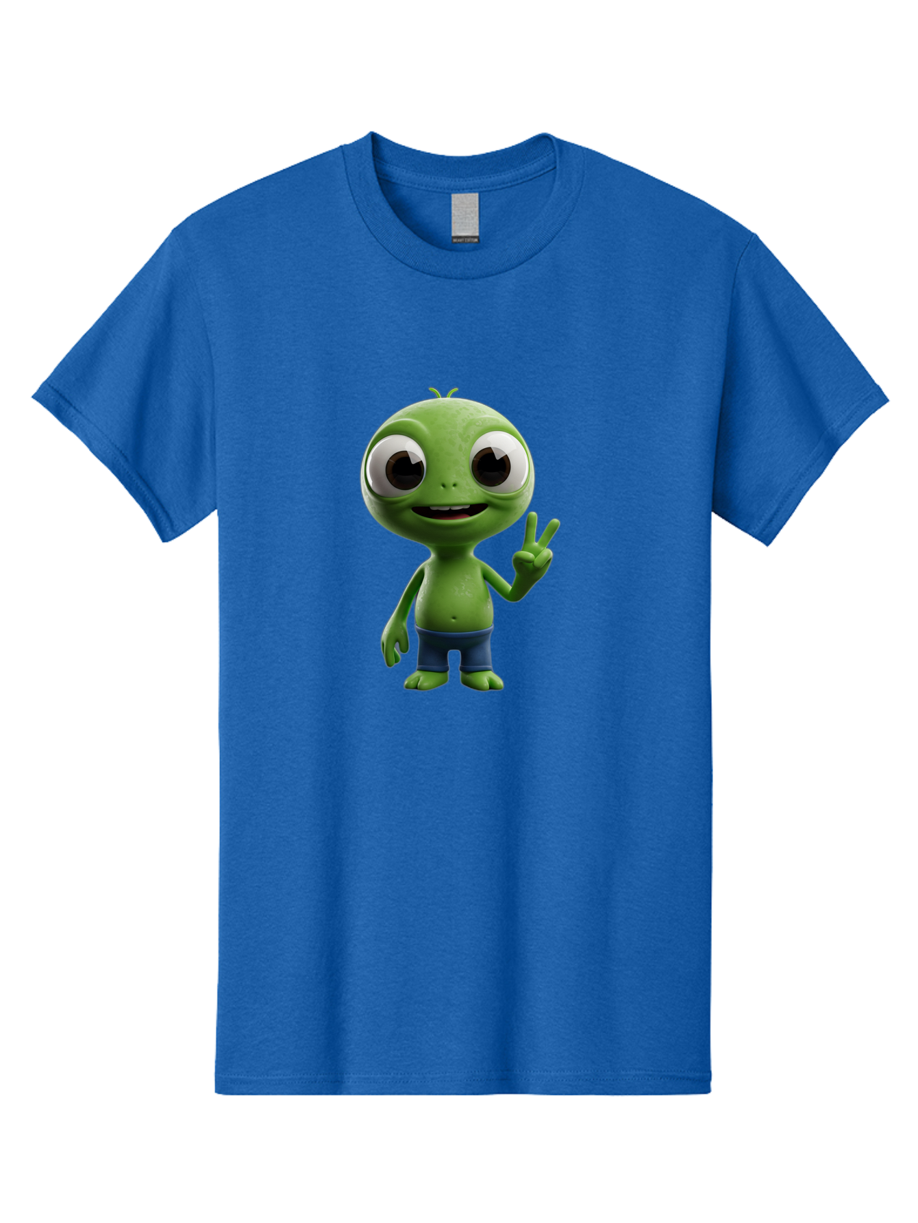 Alien-Cartoon-Character Men'S Graphic Tee, 100% Cotton, Comfortable Casual Summer Wear, Machine Washable, Alien Cartoon, Green Creature, Large Eyes, Peace Sign, Blue Shorts, Cute Character, Cartoon Style, Funny Alien, Cartoon Character Design, Bab622