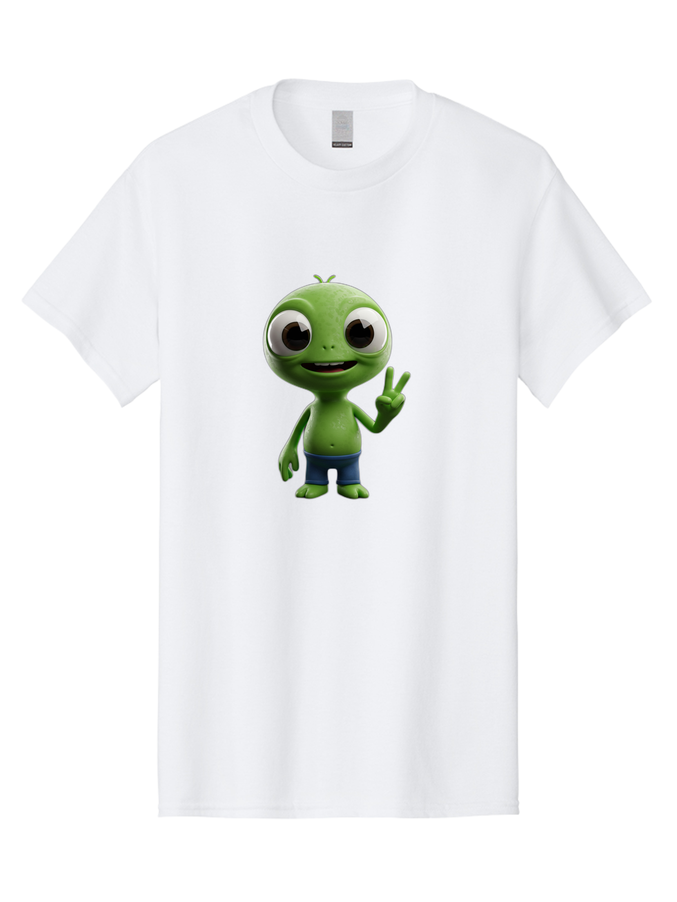 Alien-Cartoon-Character Men'S Graphic Tee, 100% Cotton, Comfortable Casual Summer Wear, Machine Washable, Alien Cartoon, Green Creature, Large Eyes, Peace Sign, Blue Shorts, Cute Character, Cartoon Style, Funny Alien, Cartoon Character Design, Bab622