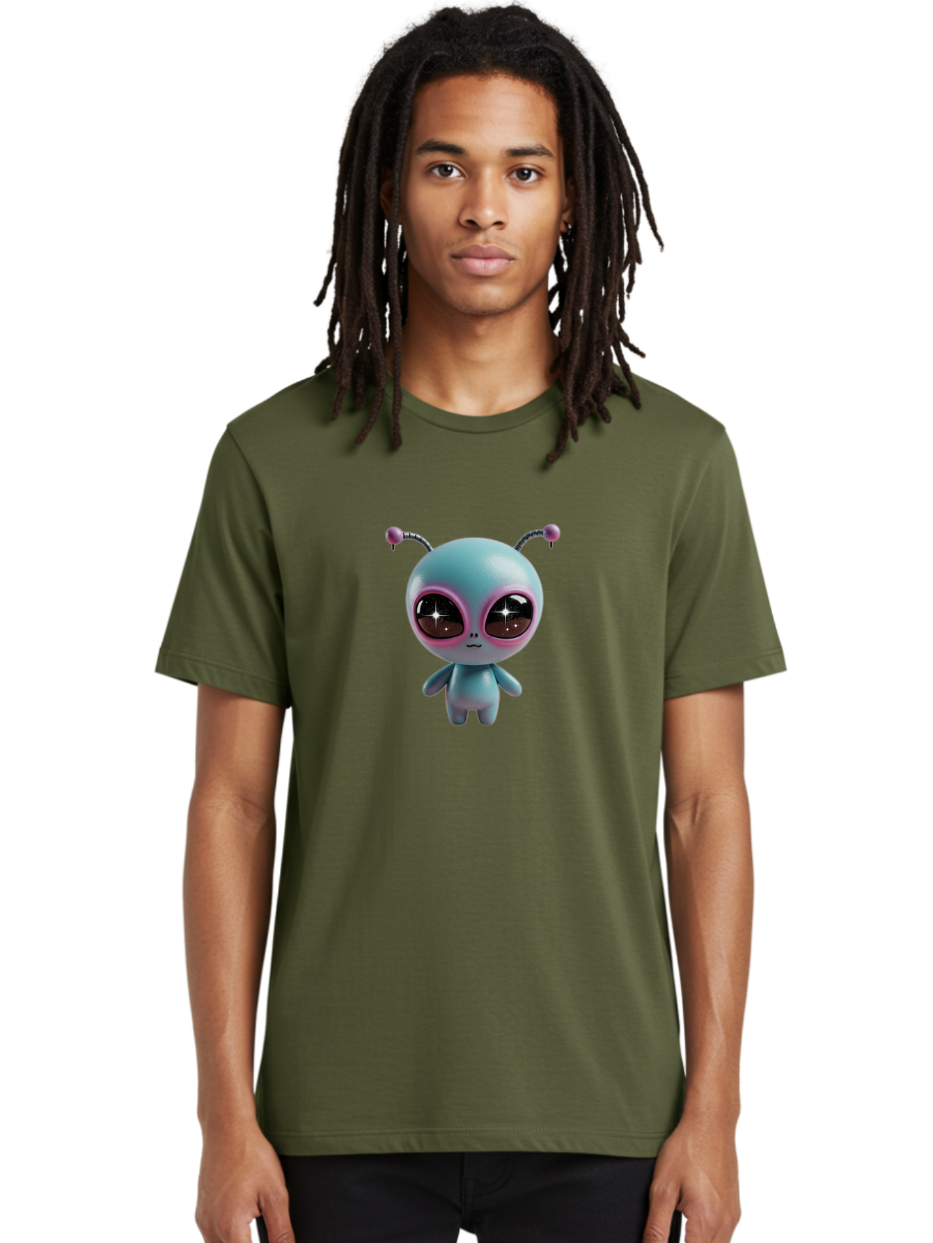 Alien-Character Men'S Graphic Tee, 100% Cotton, Comfortable Casual Summer Wear, Machine Washable, Cartoon Alien, Pastel Colors, Cute Design, Big Eyes, Smiling Face, Antennae, 3D Illustration, Quirky Character, Futuristic Being, Playful Vibe, Bab623