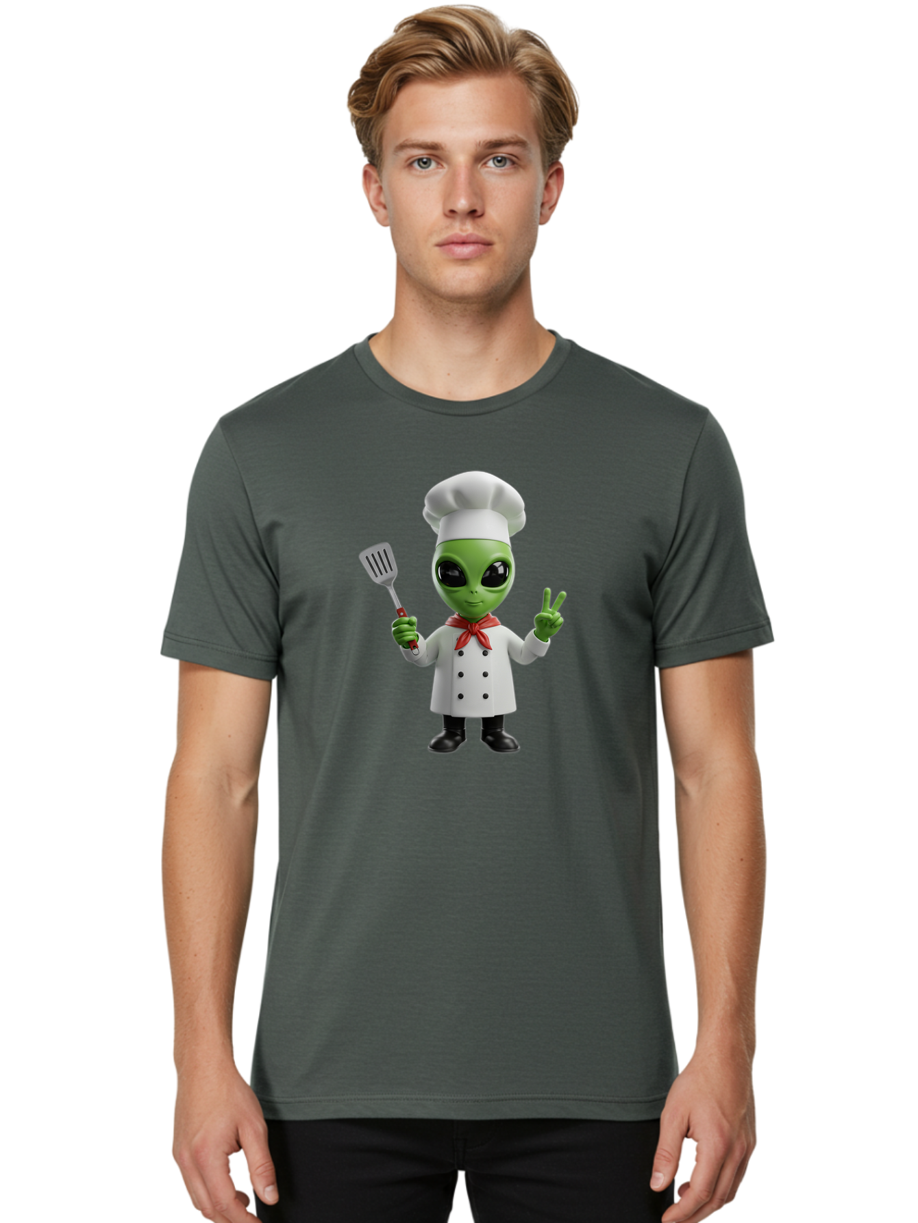 Alien-Chef Men'S Graphic Tee, 100% Cotton, Comfortable Casual Summer Wear, Machine Washable, Alien Chef, Green Alien, White Chef Coat, Red Neckerchief, Peace Sign, Spatula, 3D Cartoon Character, Funny Alien, Cooking, Kitchen Humor, Bab624