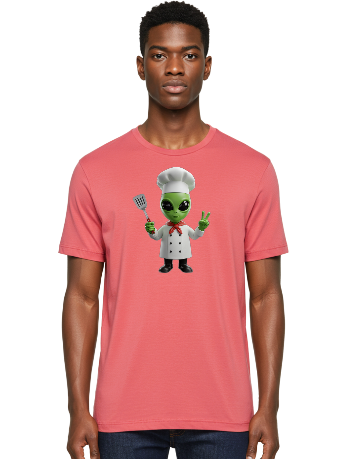 Alien-Chef Men'S Graphic Tee, 100% Cotton, Comfortable Casual Summer Wear, Machine Washable, Alien Chef, Green Alien, White Chef Coat, Red Neckerchief, Peace Sign, Spatula, 3D Cartoon Character, Funny Alien, Cooking, Kitchen Humor, Bab624