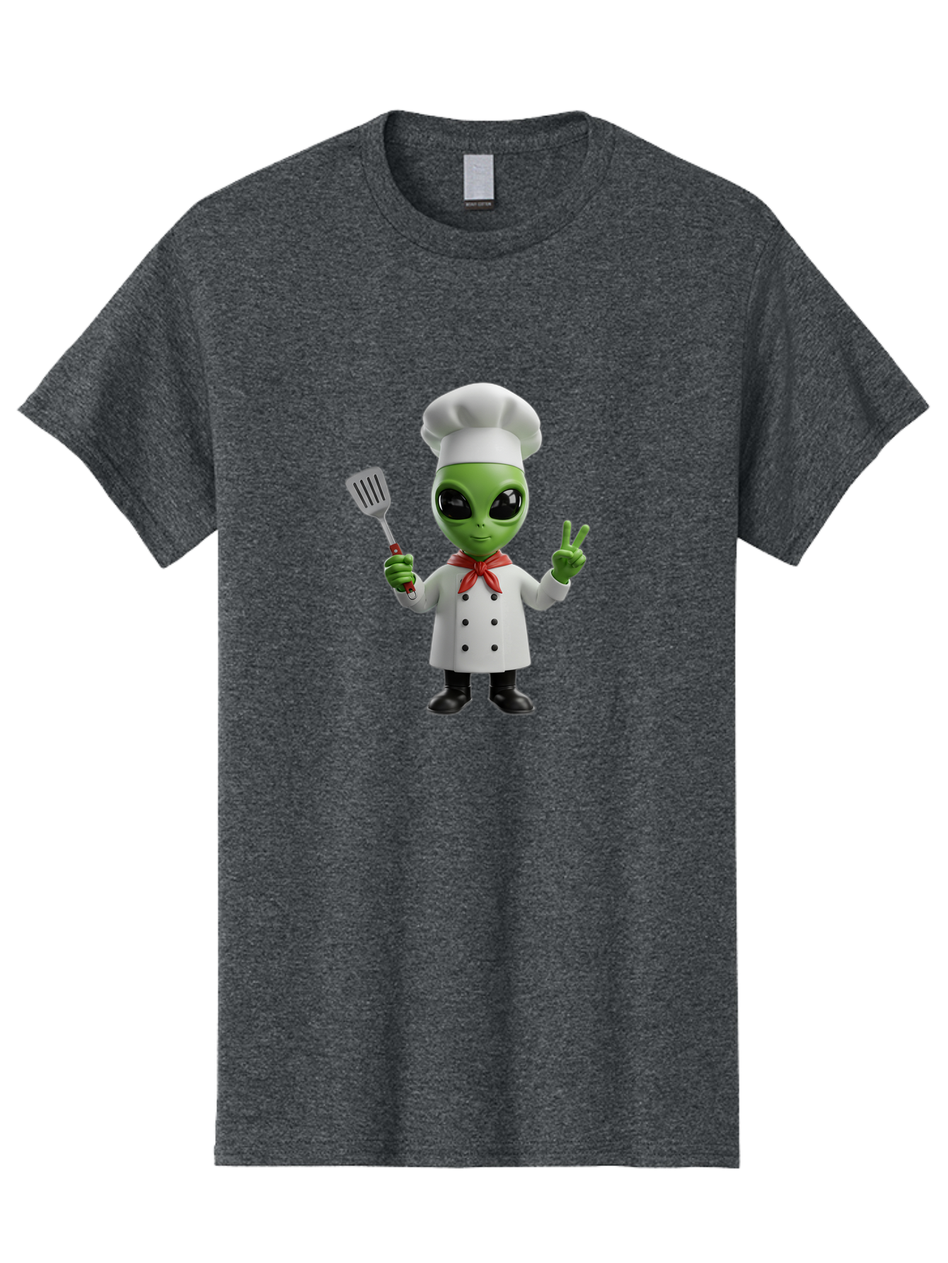 Alien-Chef Men'S Graphic Tee, 100% Cotton, Comfortable Casual Summer Wear, Machine Washable, Alien Chef, Green Alien, White Chef Coat, Red Neckerchief, Peace Sign, Spatula, 3D Cartoon Character, Funny Alien, Cooking, Kitchen Humor, Bab624