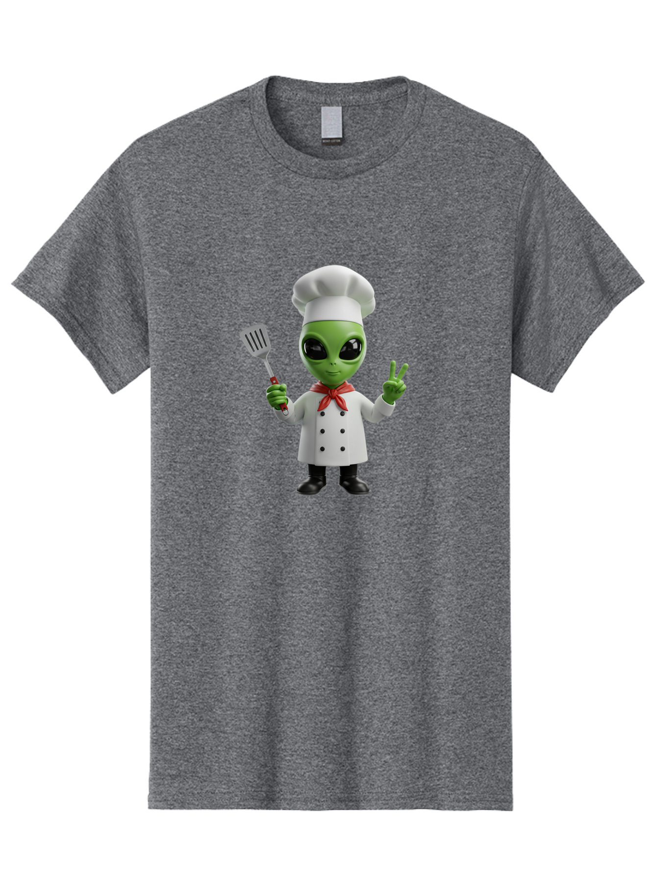 Alien-Chef Men'S Graphic Tee, 100% Cotton, Comfortable Casual Summer Wear, Machine Washable, Alien Chef, Green Alien, White Chef Coat, Red Neckerchief, Peace Sign, Spatula, 3D Cartoon Character, Funny Alien, Cooking, Kitchen Humor, Bab624
