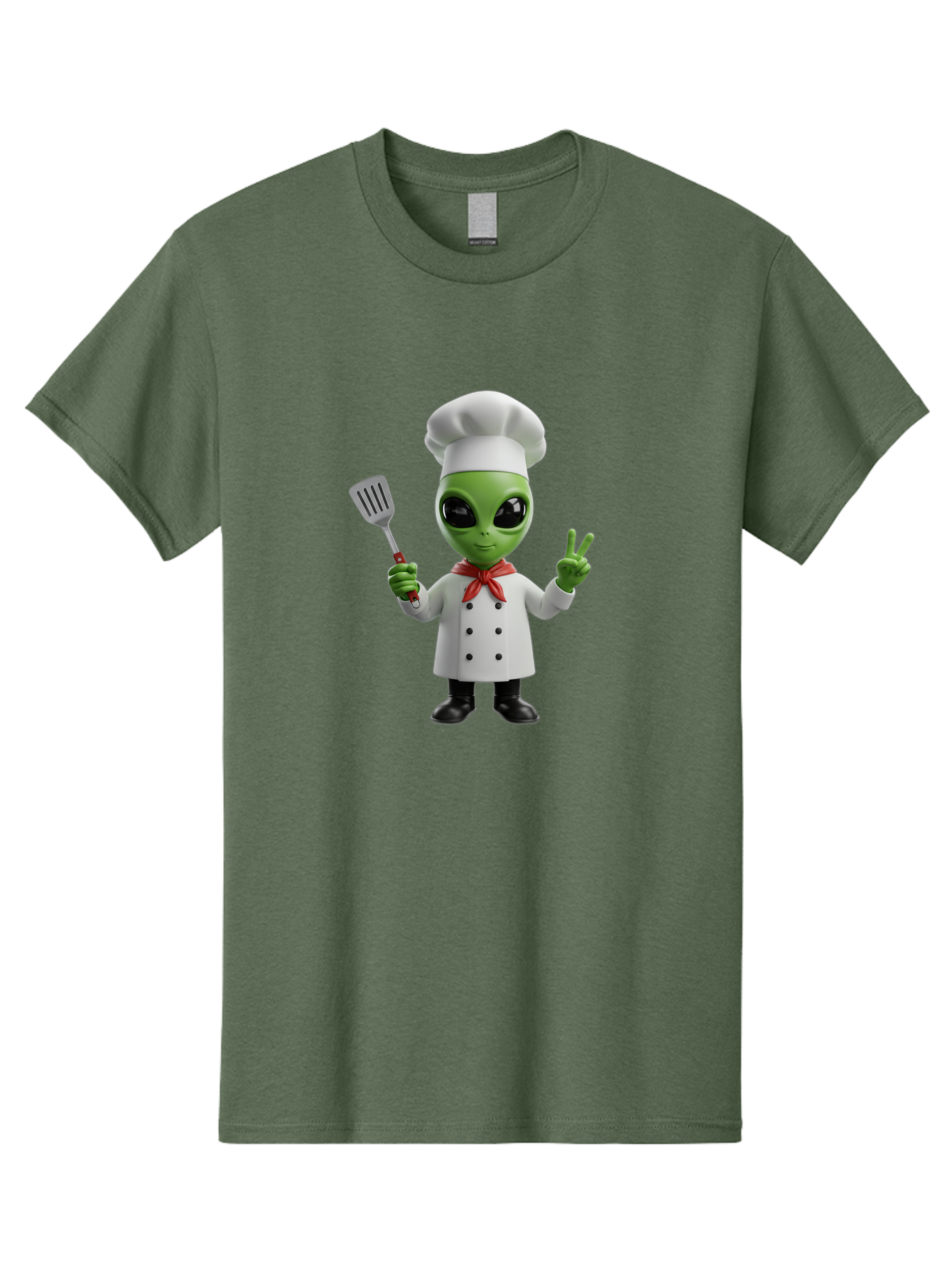 Alien-Chef Men'S Graphic Tee, 100% Cotton, Comfortable Casual Summer Wear, Machine Washable, Alien Chef, Green Alien, White Chef Coat, Red Neckerchief, Peace Sign, Spatula, 3D Cartoon Character, Funny Alien, Cooking, Kitchen Humor, Bab624