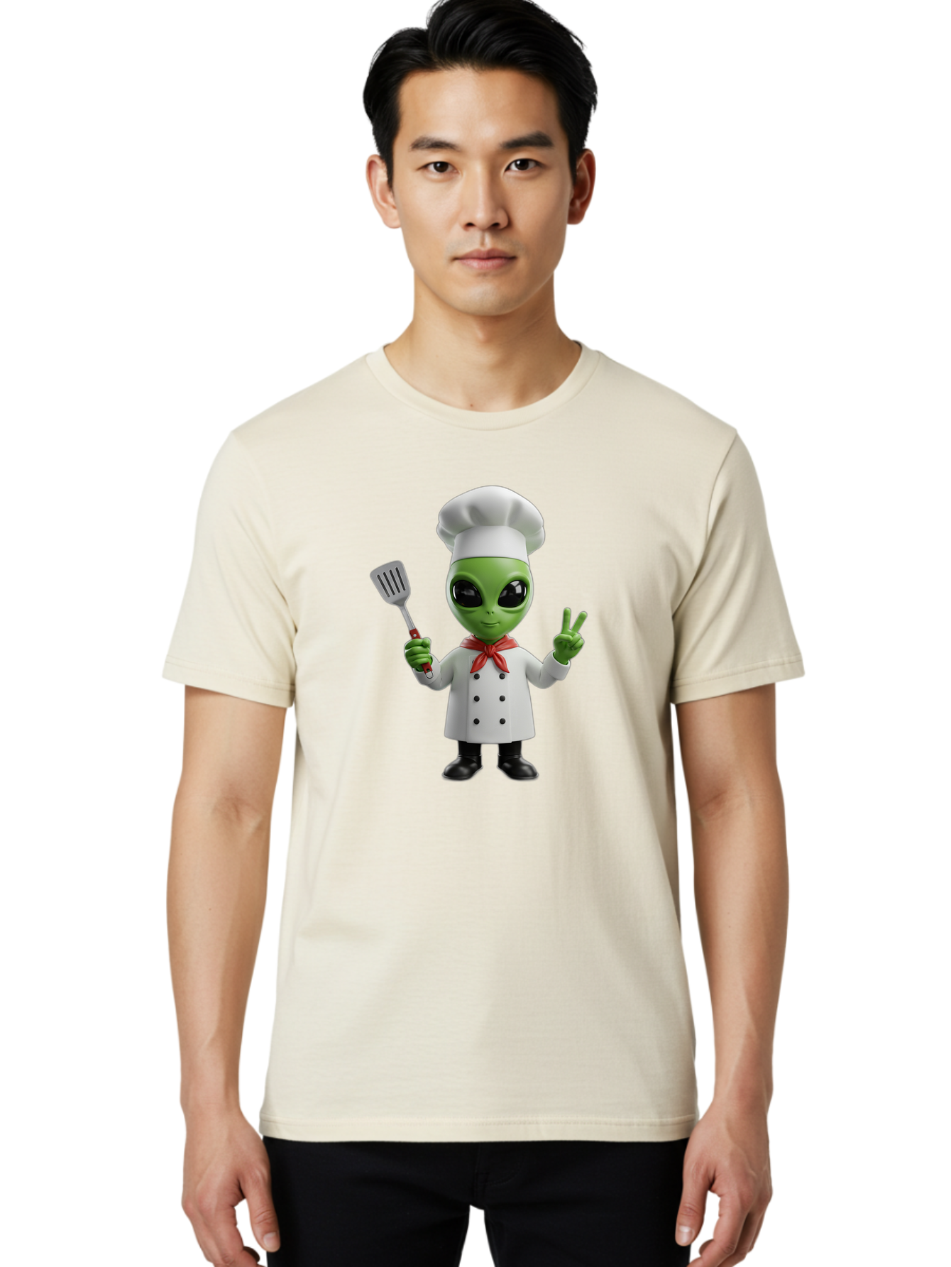 Alien-Chef Men'S Graphic Tee, 100% Cotton, Comfortable Casual Summer Wear, Machine Washable, Alien Chef, Green Alien, White Chef Coat, Red Neckerchief, Peace Sign, Spatula, 3D Cartoon Character, Funny Alien, Cooking, Kitchen Humor, Bab624