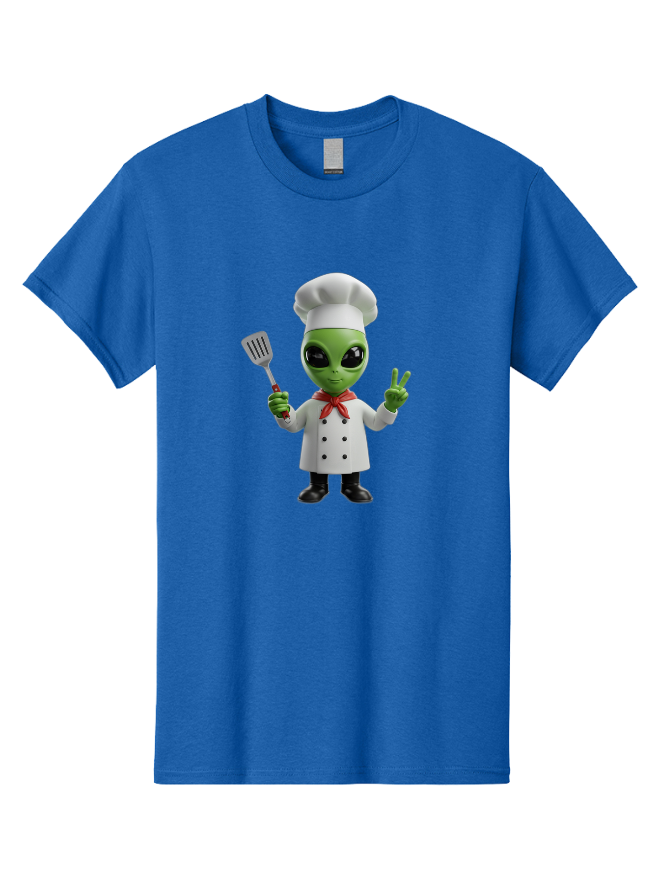 Alien-Chef Men'S Graphic Tee, 100% Cotton, Comfortable Casual Summer Wear, Machine Washable, Alien Chef, Green Alien, White Chef Coat, Red Neckerchief, Peace Sign, Spatula, 3D Cartoon Character, Funny Alien, Cooking, Kitchen Humor, Bab624