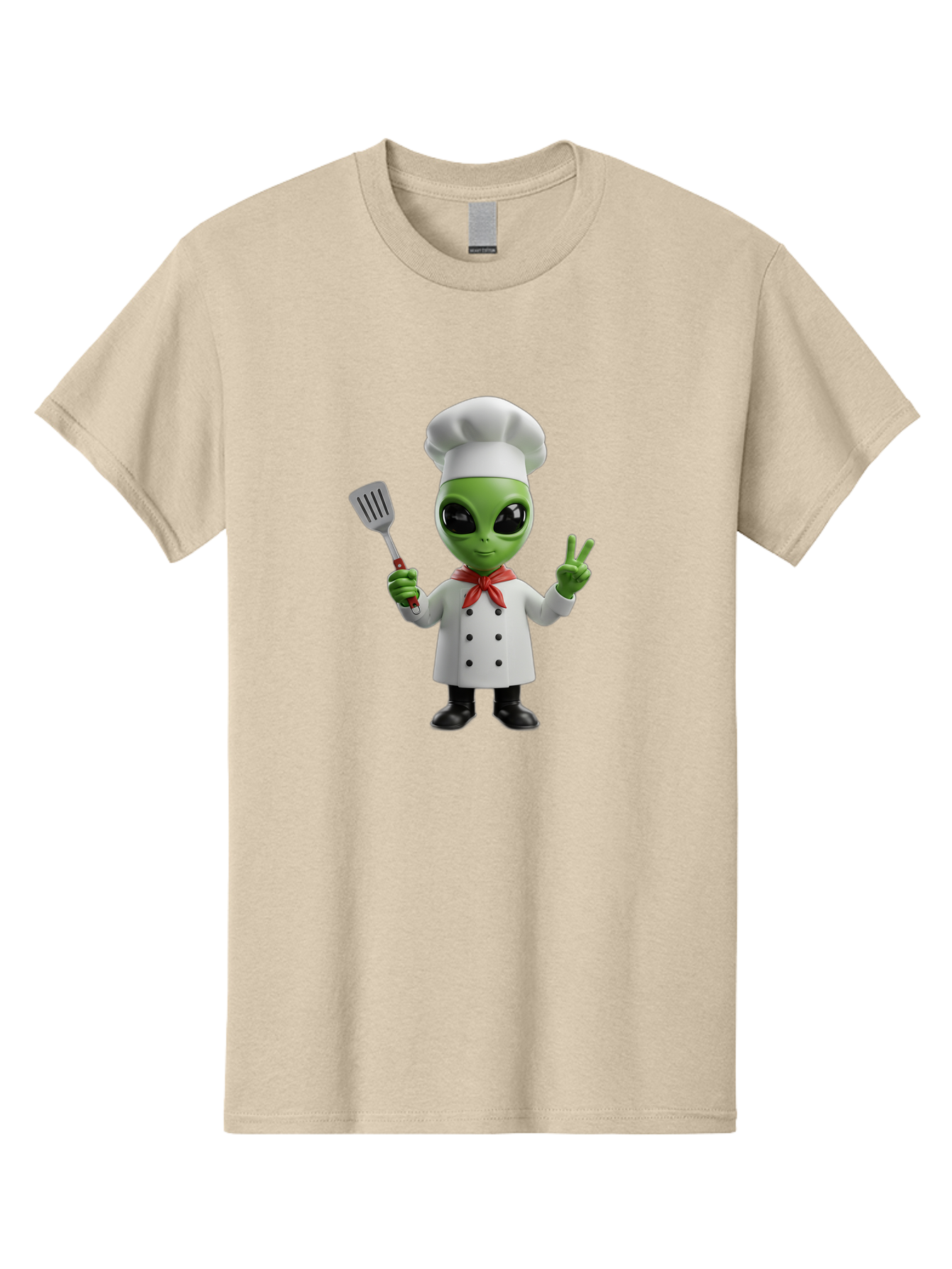 Alien-Chef Men'S Graphic Tee, 100% Cotton, Comfortable Casual Summer Wear, Machine Washable, Alien Chef, Green Alien, White Chef Coat, Red Neckerchief, Peace Sign, Spatula, 3D Cartoon Character, Funny Alien, Cooking, Kitchen Humor, Bab624