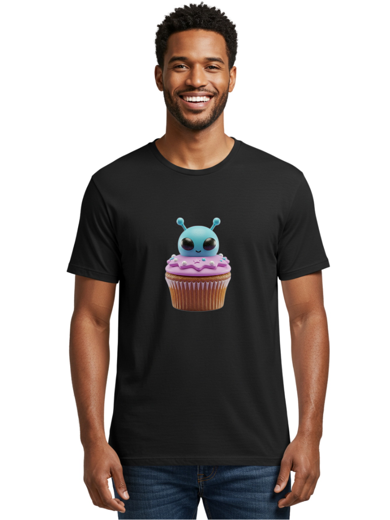 Alien-Cupcake Men'S Graphic Tee, 100% Cotton, Comfortable Casual Summer Wear, Machine Washable, Blue Alien On Top Of Cupcake, Pastel Colors, Whimsical Design, Sweet Treats, Fondant Decoration, Colorful Sprinkles, Dessert Art, Creative Baking Bab625