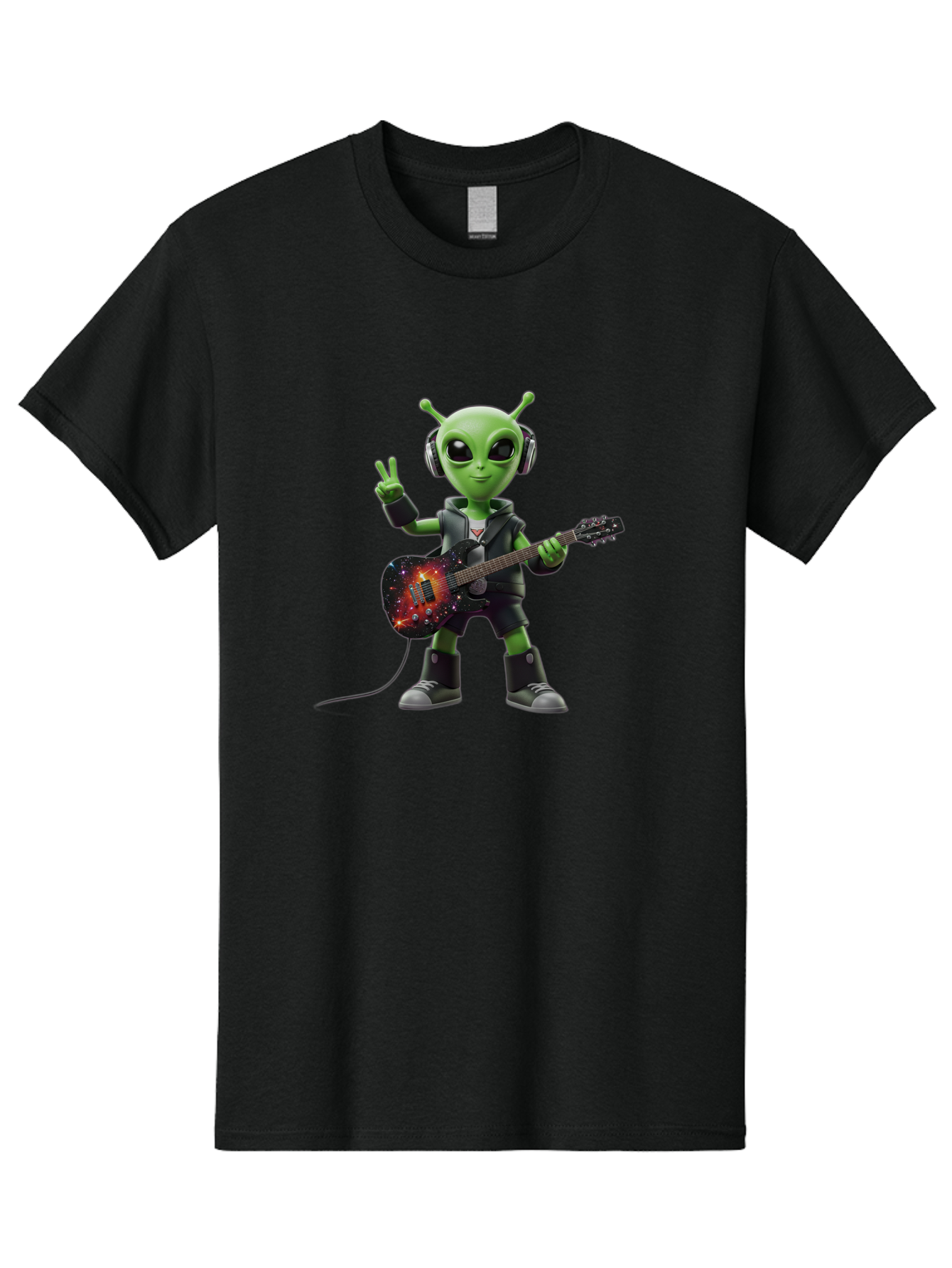 Alien-Guitarist Men'S Graphic Tee, 100% Cotton, Comfortable Casual Summer Wear, Machine Washable, Alien Playing Electric Guitar, Wearing Headphones, Peace Sign Hand Gesture, Galaxy Print Guitar, Rockstar Alien, Futuristic Music, Bab626