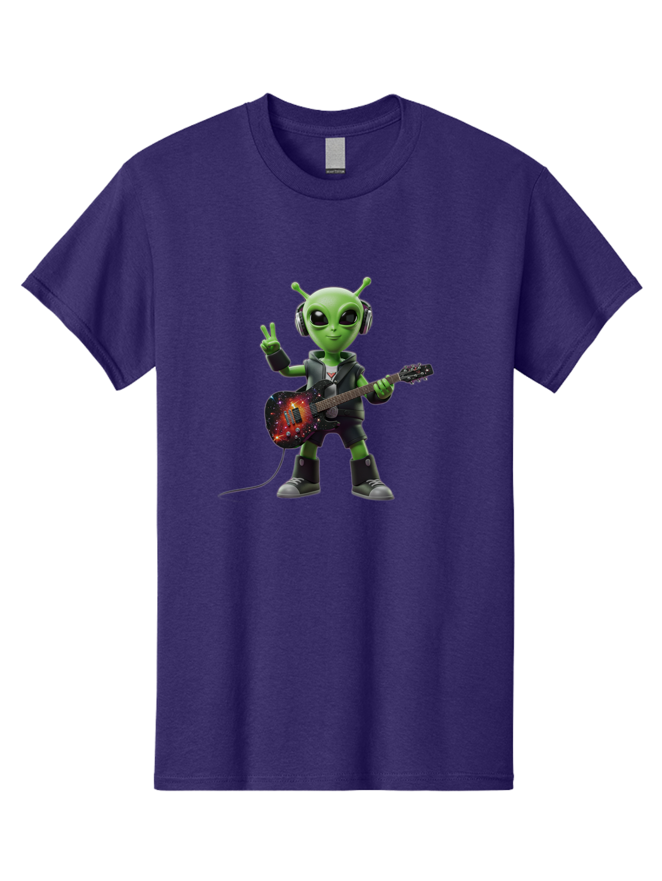 Alien-Guitarist Men'S Graphic Tee, 100% Cotton, Comfortable Casual Summer Wear, Machine Washable, Alien Playing Electric Guitar, Wearing Headphones, Peace Sign Hand Gesture, Galaxy Print Guitar, Rockstar Alien, Futuristic Music, Bab626