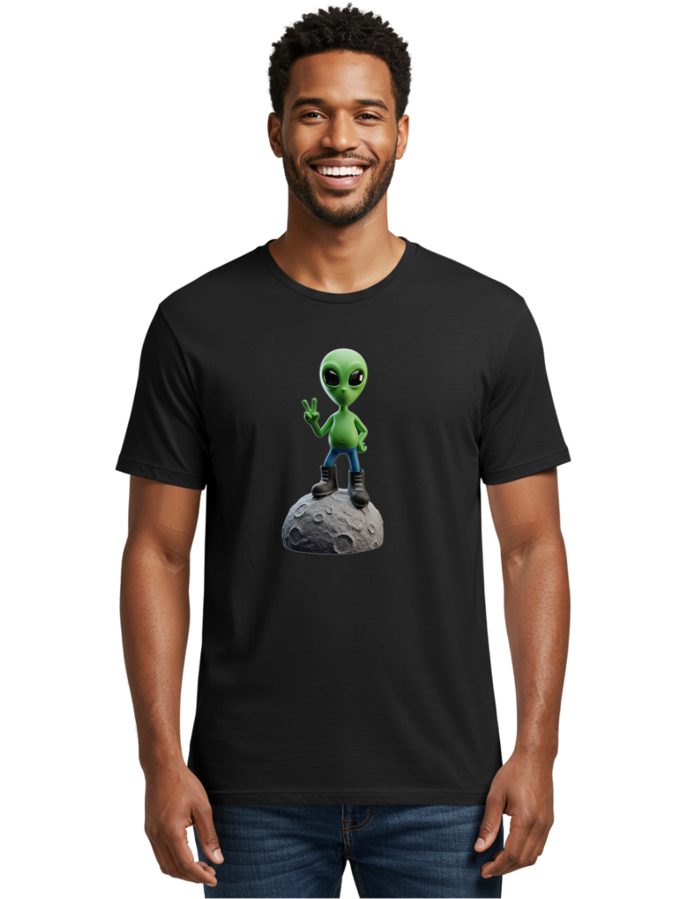 Alien-On-Moon Men'S Graphic Tee, 100% Cotton, Comfortable Casual Summer Wear, Machine Washable, 3D Cartoon Alien, Peace Sign, Moon Surface, Craters, Futuristic, Extraterrestrial Life, Space, Blue Jeans, Black Boots, Quirky, Fun, Playful, Bab628