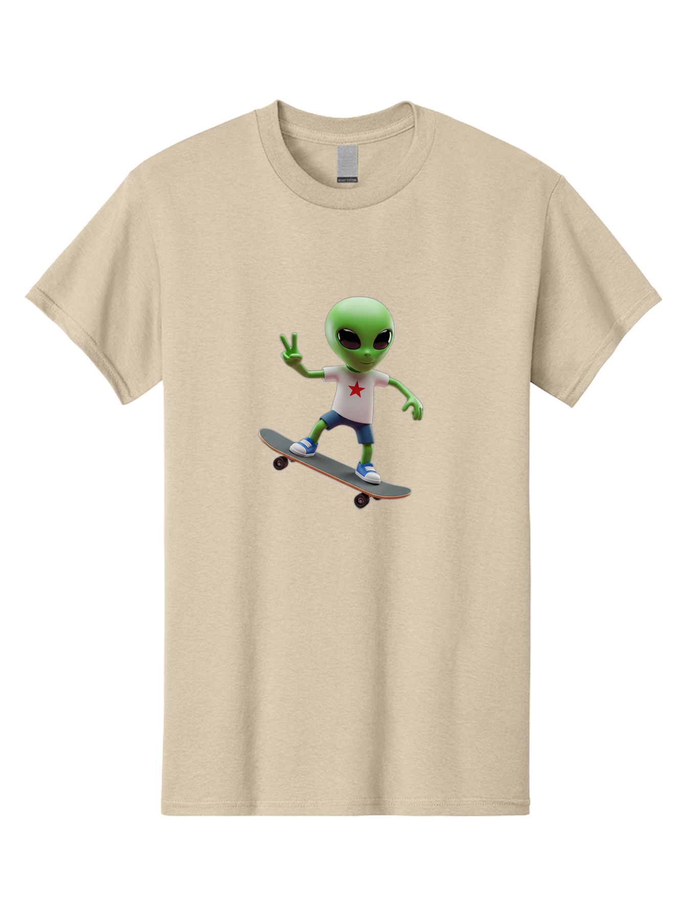 Alien-On-Skateboard Men'S Graphic Tee, 100% Cotton, Comfortable Casual Summer Wear, Machine Washable, Alien Skateboarder, Extraterrestrial On A Board, Funny Alien, 3D Cartoon Character, Skateboarding Alien, Peace Sign, Red Star Shirt, Bab629
