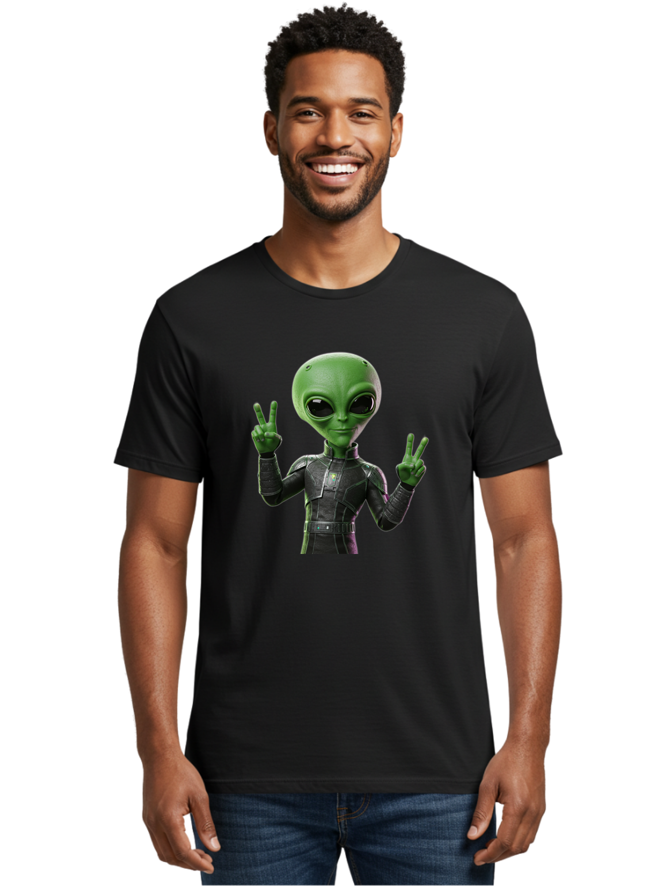 Alien-Peace-Sign-1 Men'S Graphic Tee, 100% Cotton, Comfortable Casual Summer Wear, Machine Washable, Alien Character, Peace Sign Gesture, Extraterrestrial Being, Futuristic Attire, Sci-Fi Design, Friendly Demeanor, Funny Face, V Sign, Bab630
