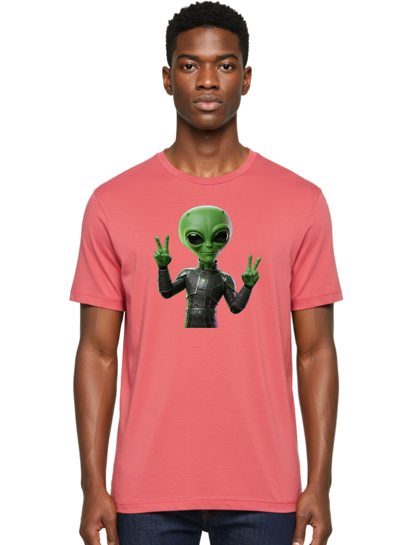 Alien-Peace-Sign-1 Men'S Graphic Tee, 100% Cotton, Comfortable Casual Summer Wear, Machine Washable, Alien Character, Peace Sign Gesture, Extraterrestrial Being, Futuristic Attire, Sci-Fi Design, Friendly Demeanor, Funny Face, V Sign, Bab630