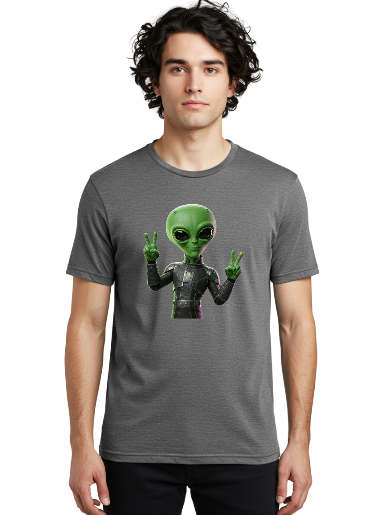 Alien-Peace-Sign-1 Men'S Graphic Tee, 100% Cotton, Comfortable Casual Summer Wear, Machine Washable, Alien Character, Peace Sign Gesture, Extraterrestrial Being, Futuristic Attire, Sci-Fi Design, Friendly Demeanor, Funny Face, V Sign, Bab630