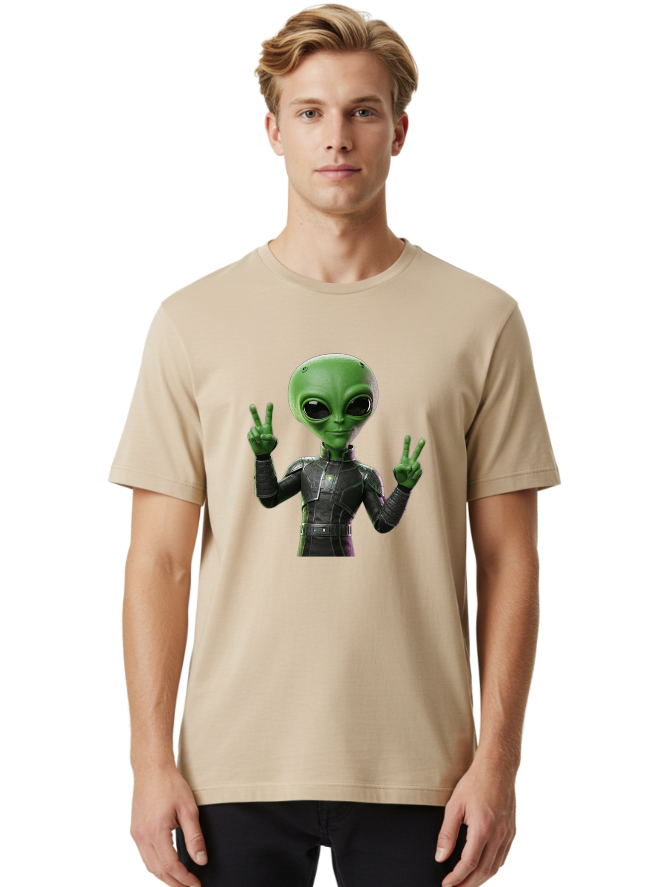 Alien-Peace-Sign-1 Men'S Graphic Tee, 100% Cotton, Comfortable Casual Summer Wear, Machine Washable, Alien Character, Peace Sign Gesture, Extraterrestrial Being, Futuristic Attire, Sci-Fi Design, Friendly Demeanor, Funny Face, V Sign, Bab630