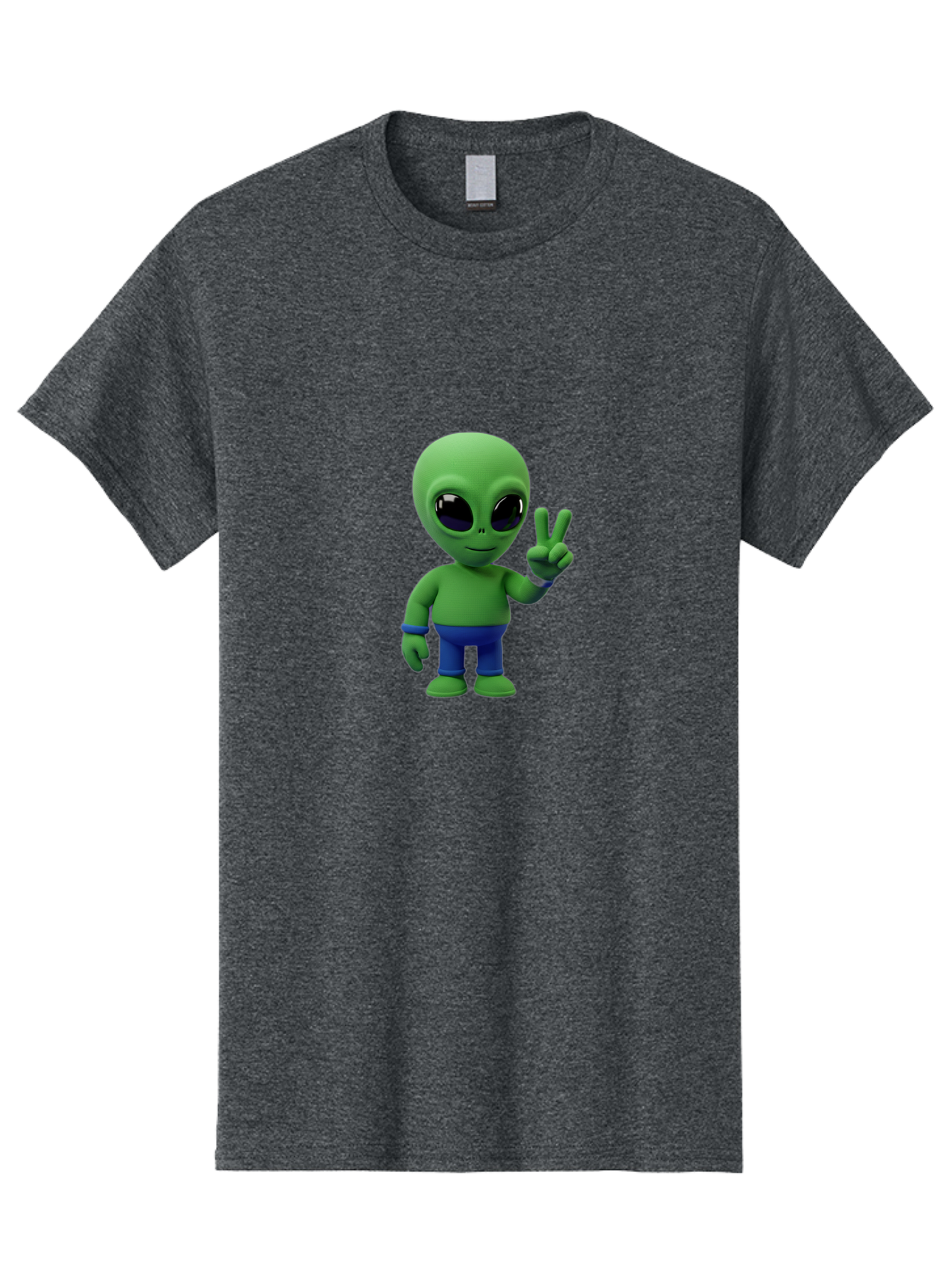 Alien-Peace-Sign-3 Men'S Graphic Tee, 100% Cotton, Comfortable Casual Summer Wear, Machine Washable, Cartoon Alien, Peace Sign, Blue Pants, Blue Bracelet, Friendly Gesture, 3D Character, Space Creature, Fun Design, Playful Pose, Kawaii Style Bab632