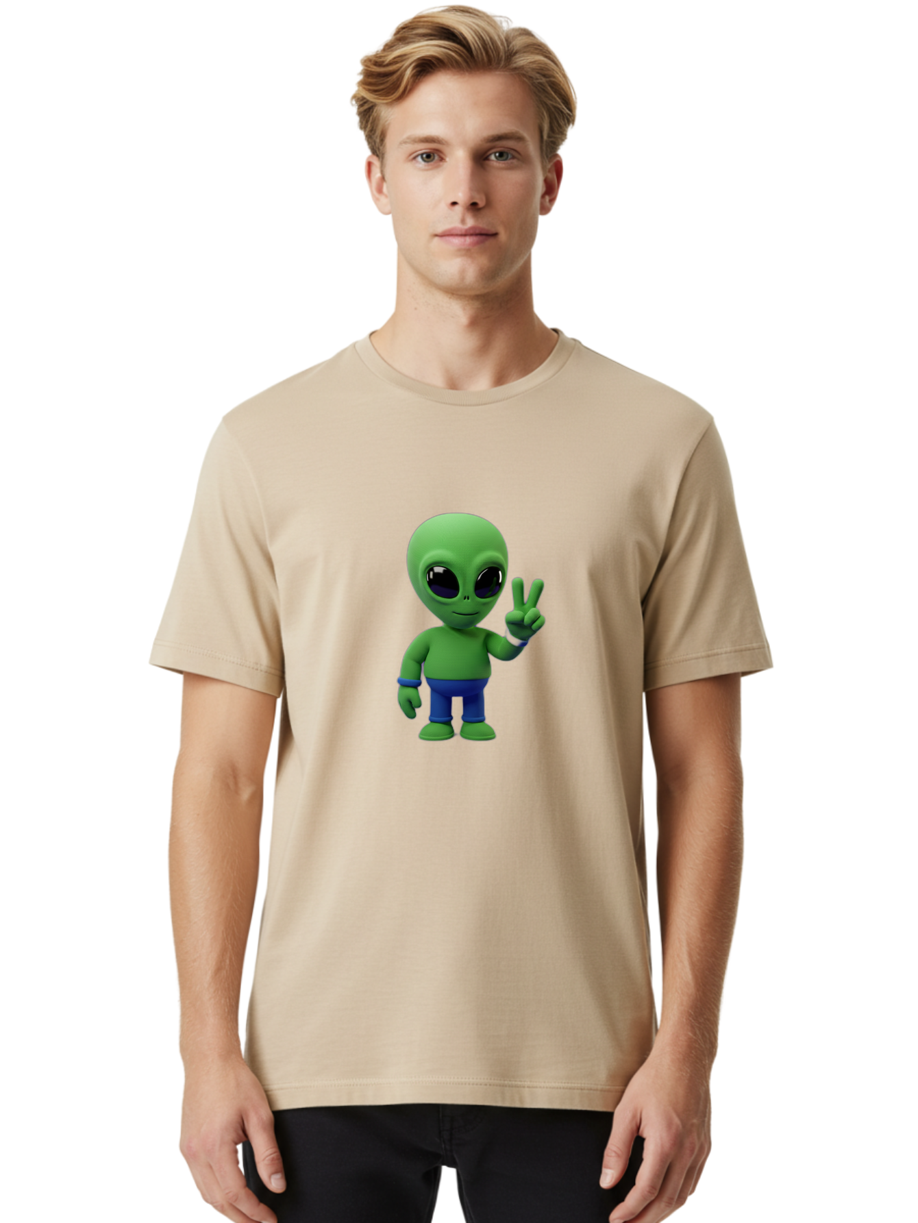 Alien-Peace-Sign-3 Men'S Graphic Tee, 100% Cotton, Comfortable Casual Summer Wear, Machine Washable, Cartoon Alien, Peace Sign, Blue Pants, Blue Bracelet, Friendly Gesture, 3D Character, Space Creature, Fun Design, Playful Pose, Kawaii Style Bab632