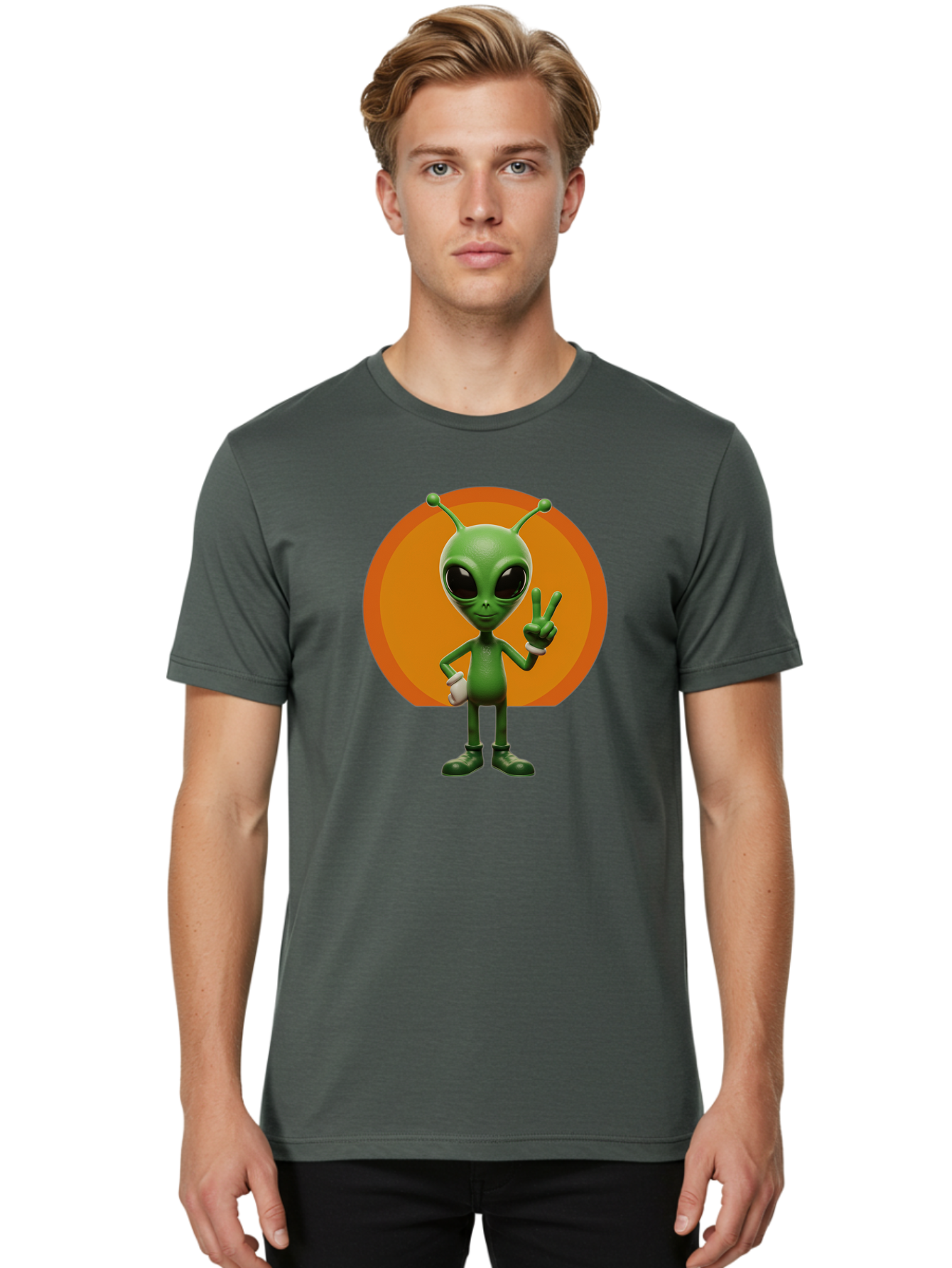 Alien-Peace-Sign Men'S Graphic Tee, 100% Cotton, Comfortable Casual Summer Wear, Machine Washable, Alien Character, Peace Sign, Green Alien, Cartoon Style, Friendly Gesture, Large Eyes, Antennae, Fun Illustration, Cosmic Being Bab633