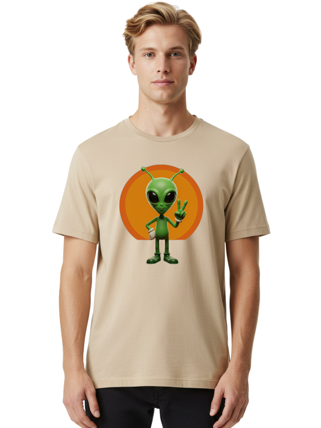 Alien-Peace-Sign Men'S Graphic Tee, 100% Cotton, Comfortable Casual Summer Wear, Machine Washable, Alien Character, Peace Sign, Green Alien, Cartoon Style, Friendly Gesture, Large Eyes, Antennae, Fun Illustration, Cosmic Being Bab633