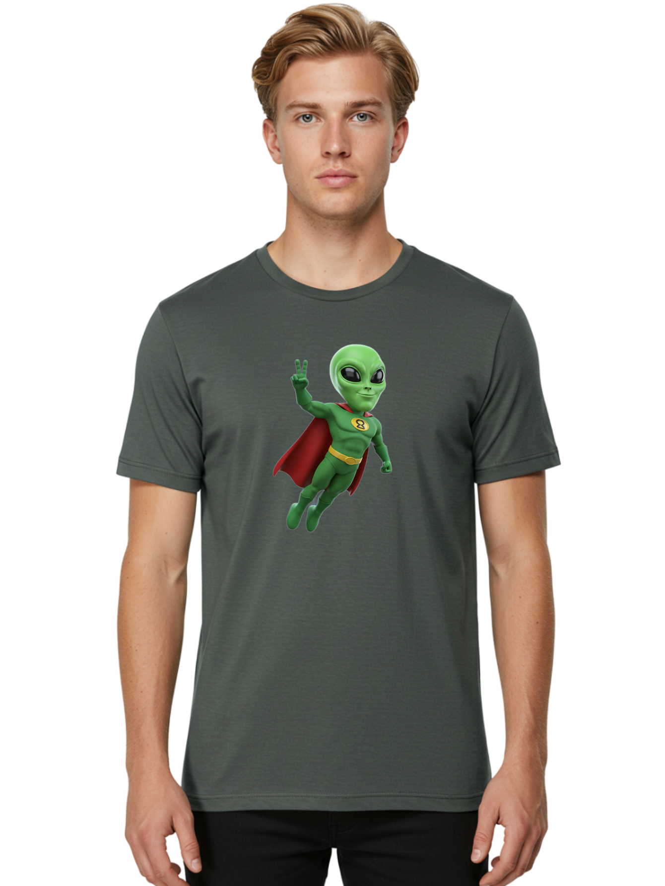Alien-Superhero Men'S Graphic Tee, 100% Cotton, Comfortable Casual Summer Wear, Machine Washable, Cartoon Alien, Superhero Costume, Red Cape, Yellow Belt, Peace Sign, Green Alien, Superhero Emblem, Cartoon Character, 3D Illustration, Bab634