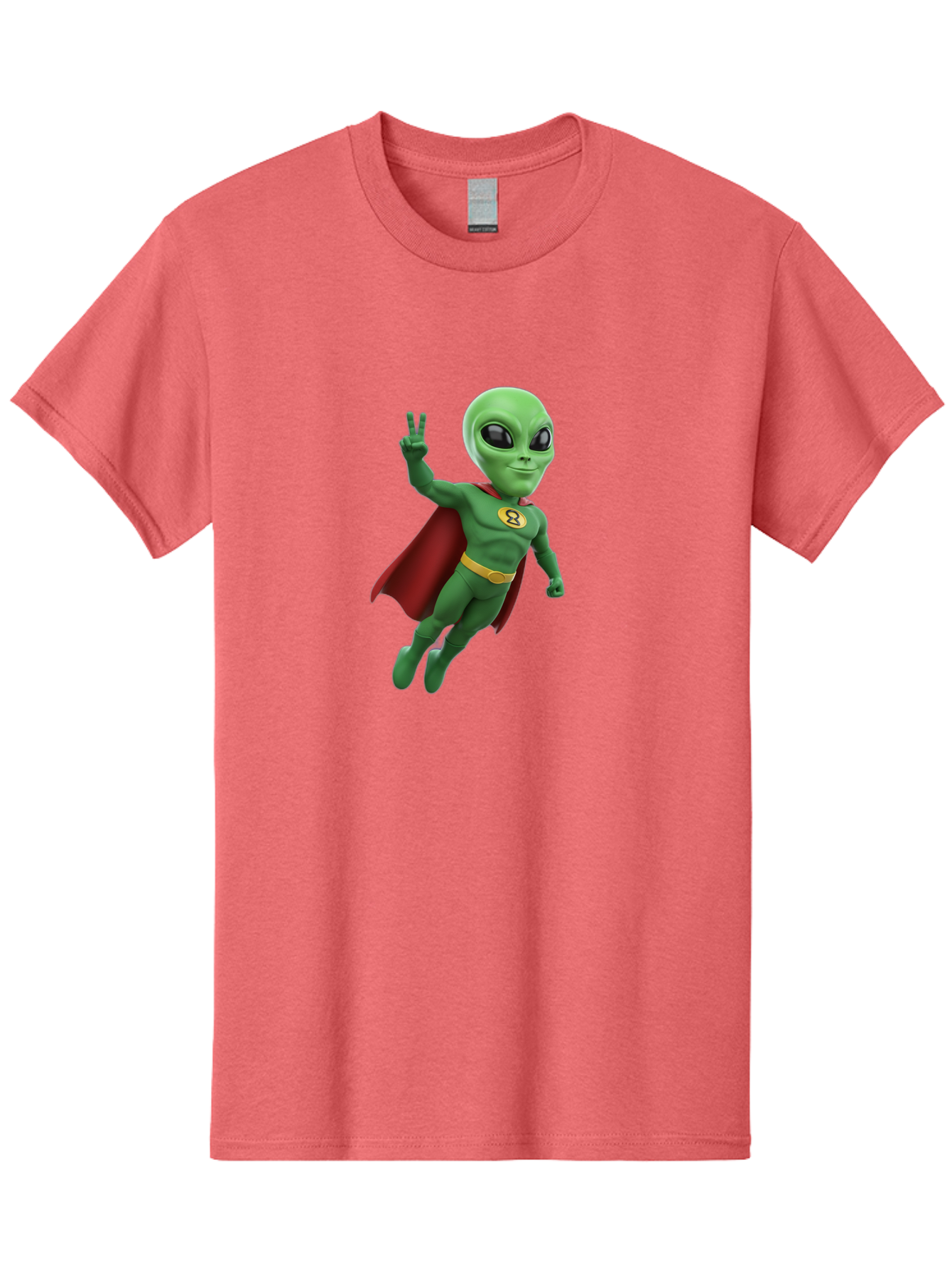 Alien-Superhero Men'S Graphic Tee, 100% Cotton, Comfortable Casual Summer Wear, Machine Washable, Cartoon Alien, Superhero Costume, Red Cape, Yellow Belt, Peace Sign, Green Alien, Superhero Emblem, Cartoon Character, 3D Illustration, Bab634