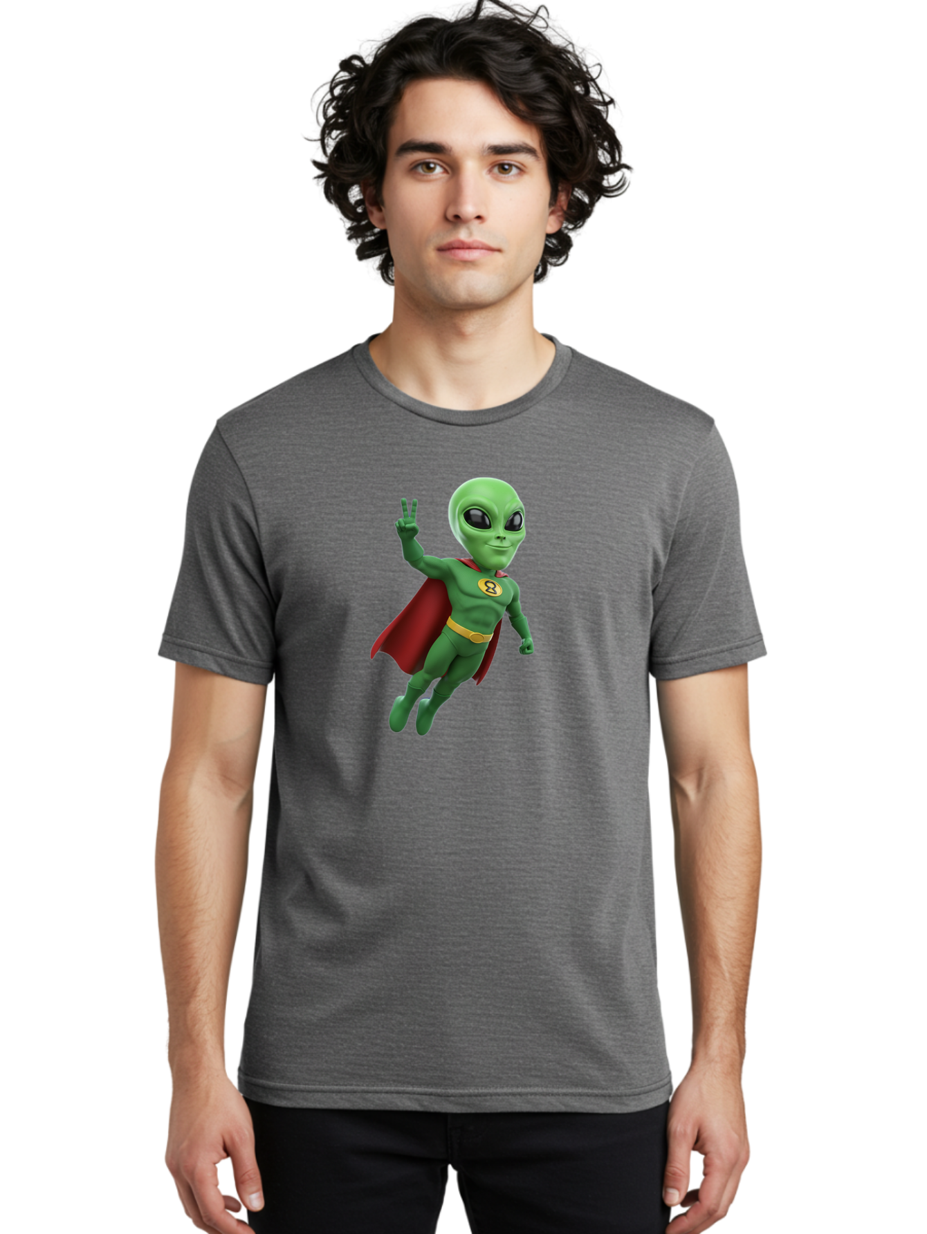 Alien-Superhero Men'S Graphic Tee, 100% Cotton, Comfortable Casual Summer Wear, Machine Washable, Cartoon Alien, Superhero Costume, Red Cape, Yellow Belt, Peace Sign, Green Alien, Superhero Emblem, Cartoon Character, 3D Illustration, Bab634