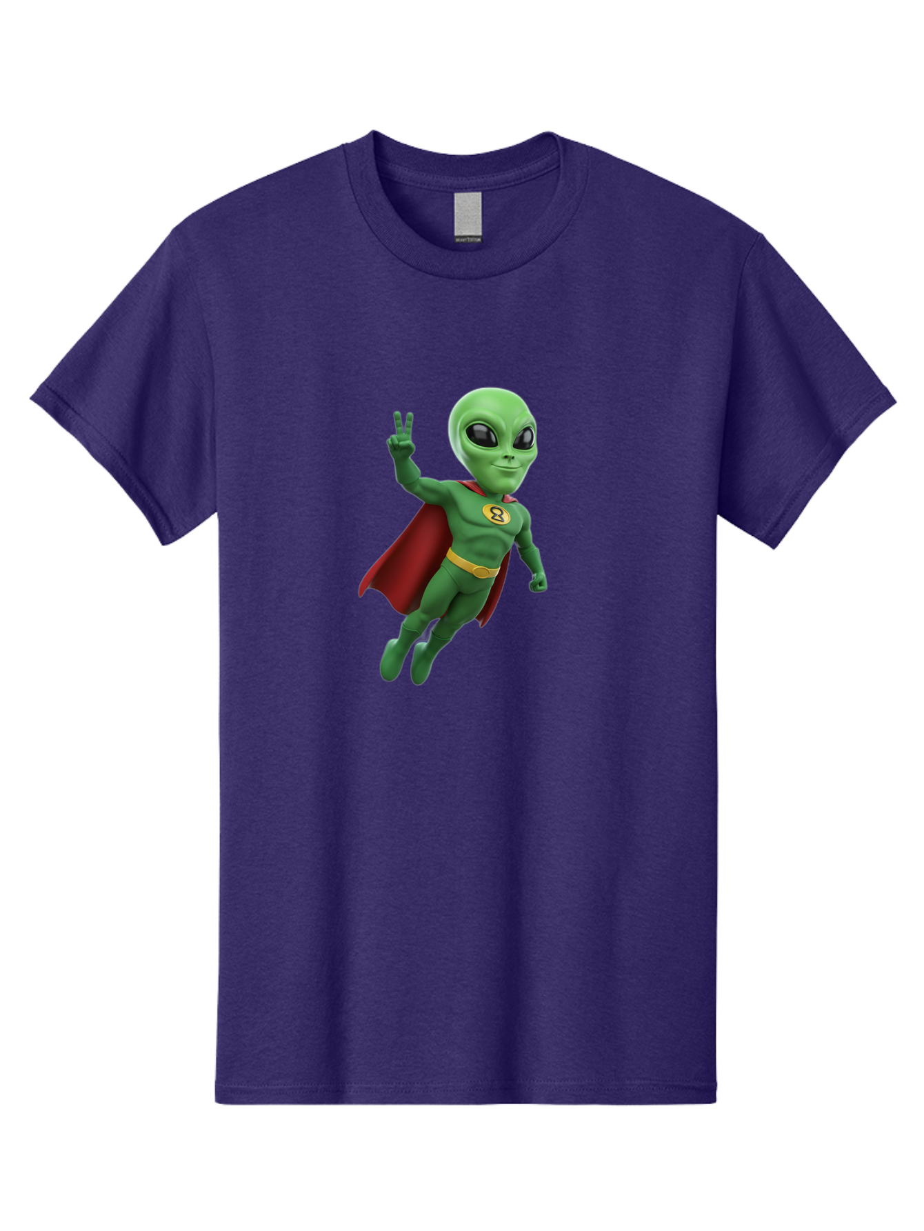 Alien-Superhero Men'S Graphic Tee, 100% Cotton, Comfortable Casual Summer Wear, Machine Washable, Cartoon Alien, Superhero Costume, Red Cape, Yellow Belt, Peace Sign, Green Alien, Superhero Emblem, Cartoon Character, 3D Illustration, Bab634