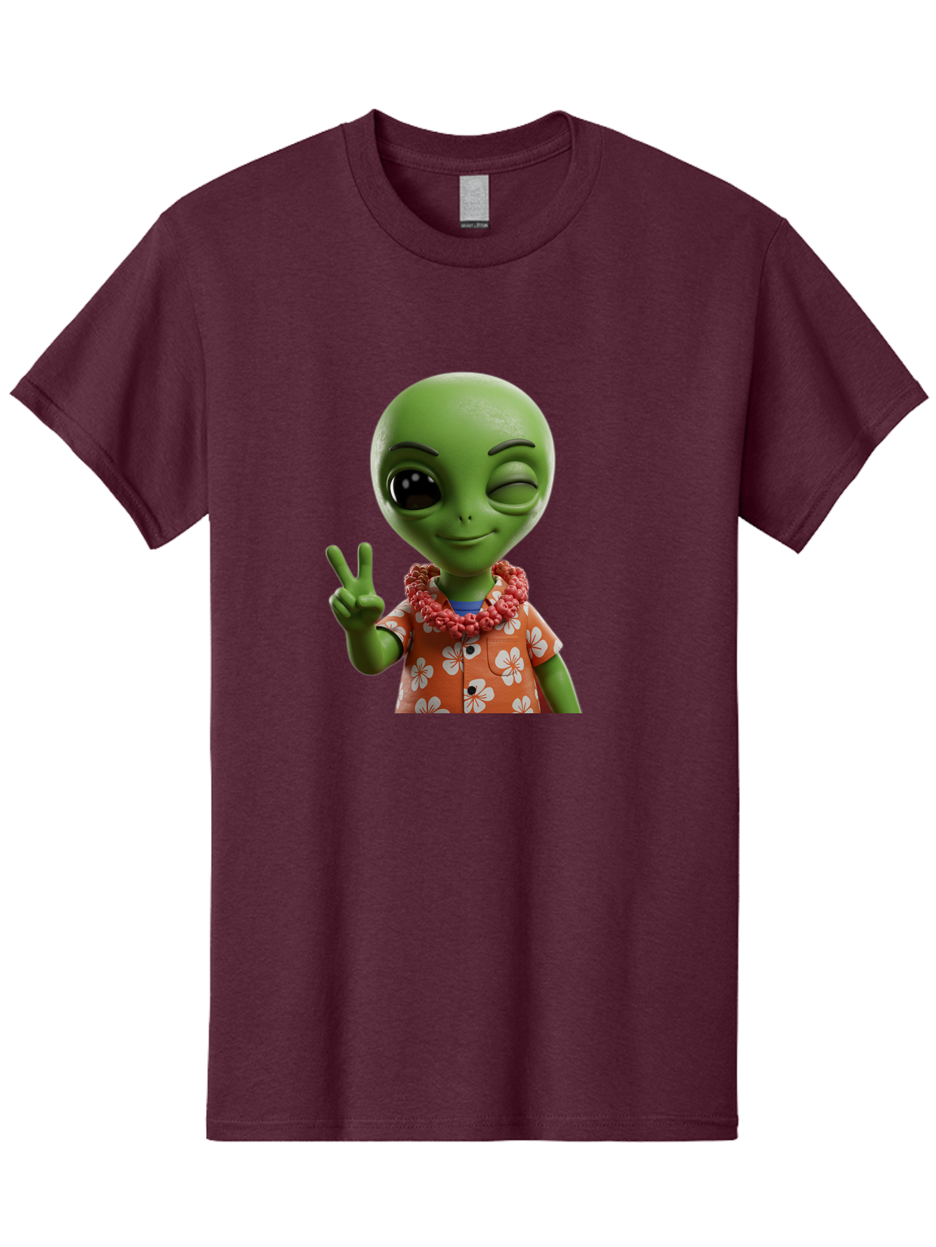 Alien Men'S Graphic Tee, 100% Cotton, Comfortable Casual Summer Wear, Machine Washable, Cartoon Alien, Peace Sign, Hawaiian Shirt, Floral Pattern, Relaxed Vibe, Friendly Demeanor, Extraterrestrial Fun, Playful Gesture, Tropical Feel, Bab636