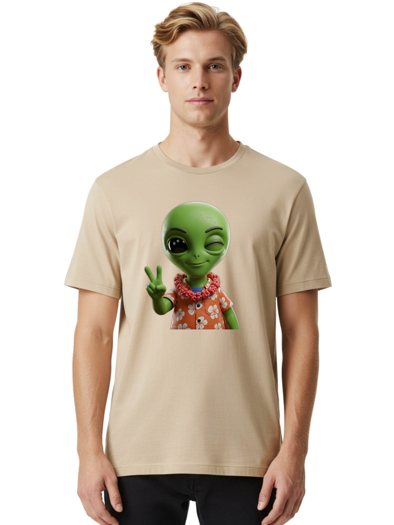 Alien Men'S Graphic Tee, 100% Cotton, Comfortable Casual Summer Wear, Machine Washable, Cartoon Alien, Peace Sign, Hawaiian Shirt, Floral Pattern, Relaxed Vibe, Friendly Demeanor, Extraterrestrial Fun, Playful Gesture, Tropical Feel, Bab636