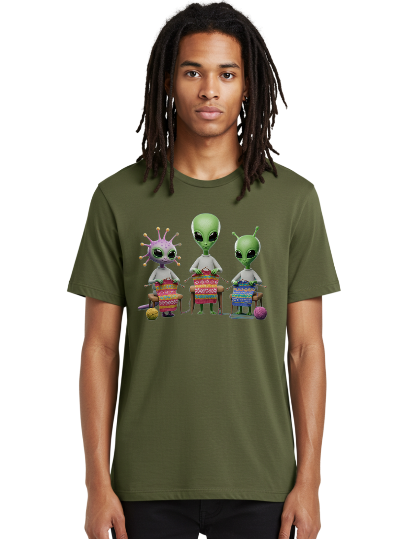 Aliens-Knitting Men'S Graphic Tee, 100% Cotton, Comfortable Casual Summer Wear, Machine Washable, Cartoon Aliens, Knitting Patterns, Colorful Yarn, Creative Creatures, Extraterrestrial Hobby, Playful Illustration, Knitting Needles, Bab638