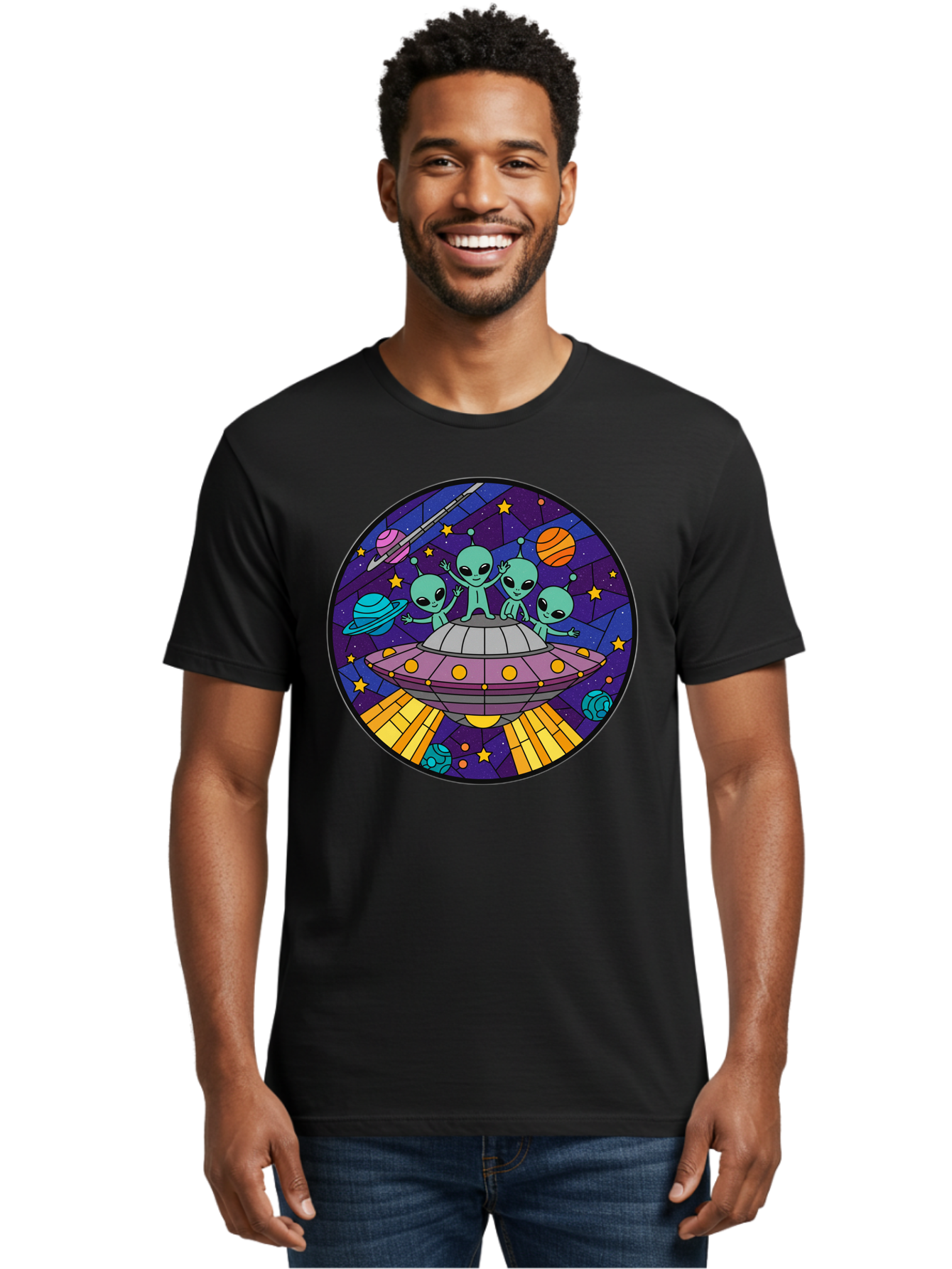 Aliens-On-Ufo-1 Men'S Graphic Tee, 100% Cotton, Comfortable Casual Summer Wear, Machine Washable, Aliens On A Spaceship, Cartoon Aliens, Ufo Sighting, Extraterrestrial Life, Space Travel, Planetary Exploration, Intergalactic Adventure, Bab639