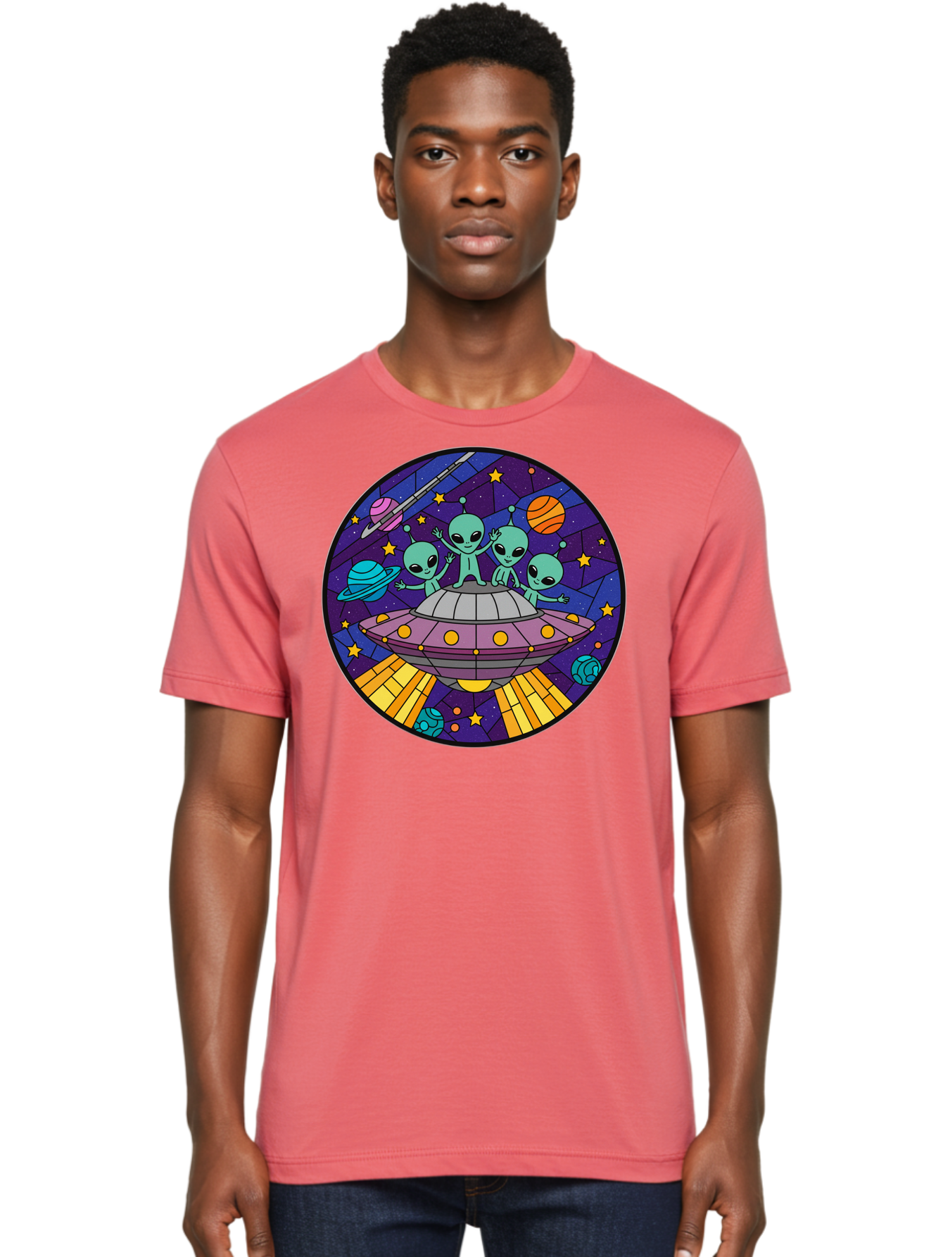 Aliens-On-Ufo-1 Men'S Graphic Tee, 100% Cotton, Comfortable Casual Summer Wear, Machine Washable, Aliens On A Spaceship, Cartoon Aliens, Ufo Sighting, Extraterrestrial Life, Space Travel, Planetary Exploration, Intergalactic Adventure, Bab639