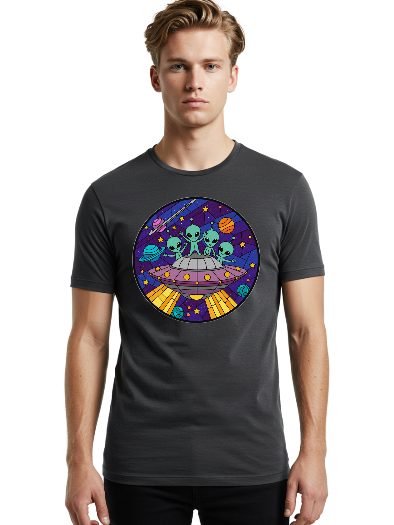 Aliens-On-Ufo-1 Men'S Graphic Tee, 100% Cotton, Comfortable Casual Summer Wear, Machine Washable, Aliens On A Spaceship, Cartoon Aliens, Ufo Sighting, Extraterrestrial Life, Space Travel, Planetary Exploration, Intergalactic Adventure, Bab639