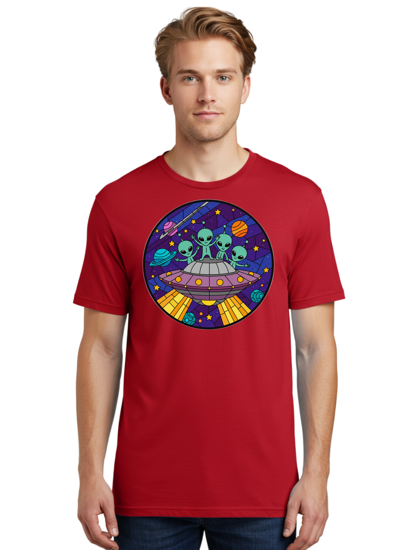 Aliens-On-Ufo-1 Men'S Graphic Tee, 100% Cotton, Comfortable Casual Summer Wear, Machine Washable, Aliens On A Spaceship, Cartoon Aliens, Ufo Sighting, Extraterrestrial Life, Space Travel, Planetary Exploration, Intergalactic Adventure, Bab639