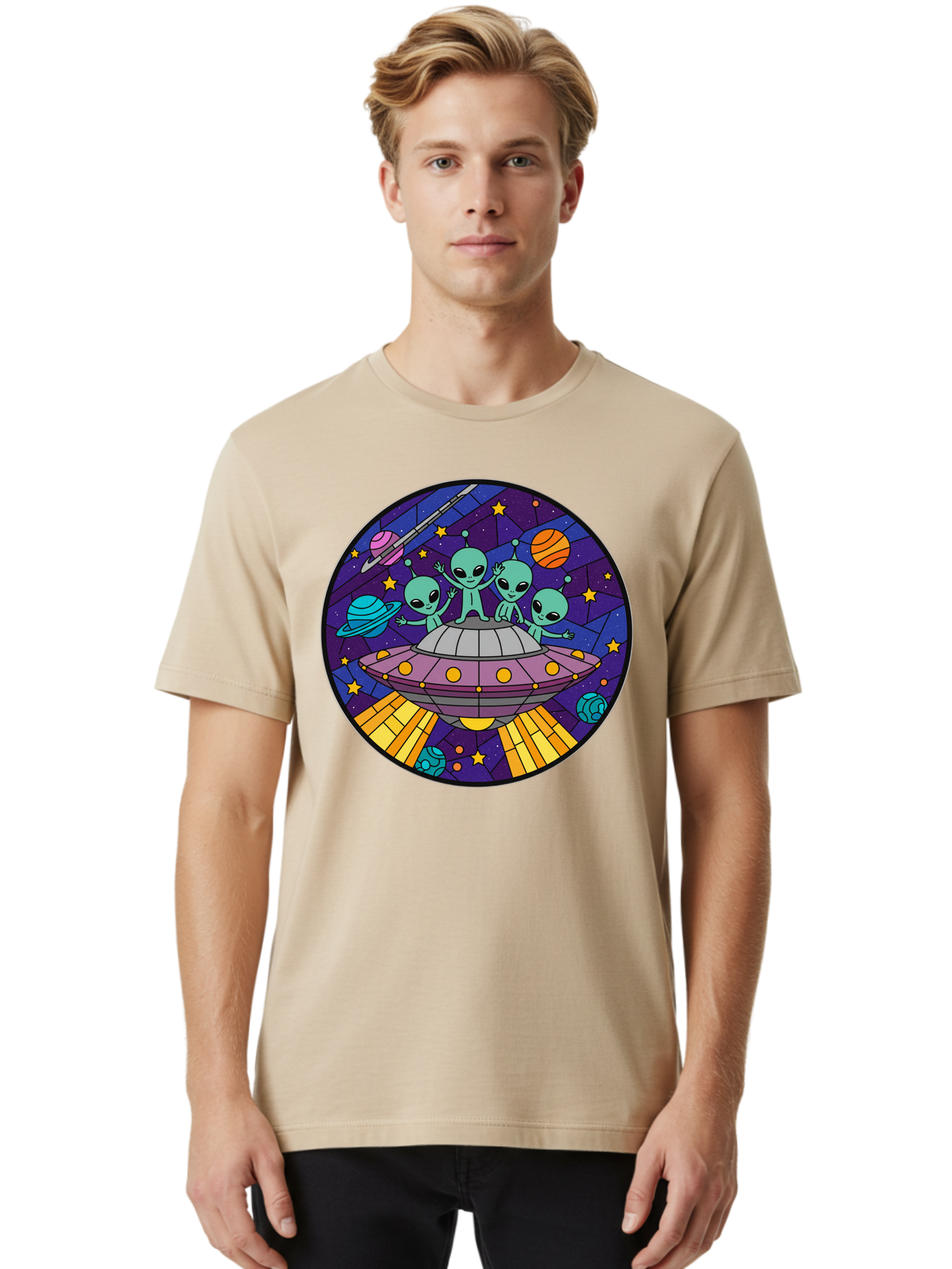 Aliens-On-Ufo-1 Men'S Graphic Tee, 100% Cotton, Comfortable Casual Summer Wear, Machine Washable, Aliens On A Spaceship, Cartoon Aliens, Ufo Sighting, Extraterrestrial Life, Space Travel, Planetary Exploration, Intergalactic Adventure, Bab639