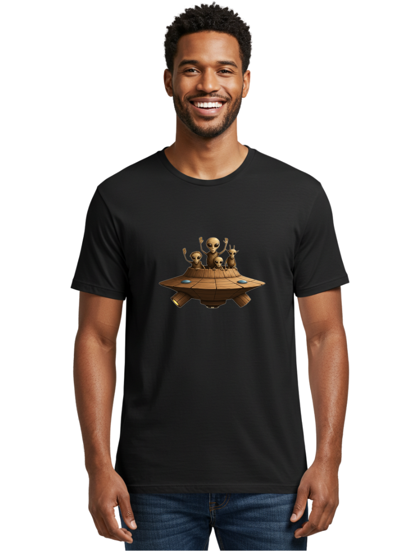 Aliens-On-Ufo-2 Men'S Graphic Tee, 100% Cotton, Comfortable Casual Summer Wear, Machine Washable, Aliens On Spaceship, Ufo Sighting, Extraterrestrial Life, Alien Family, Flying Saucer, Cartoon Style, Humorous Alien Encounter, Sci-Fi Humor, Bab640