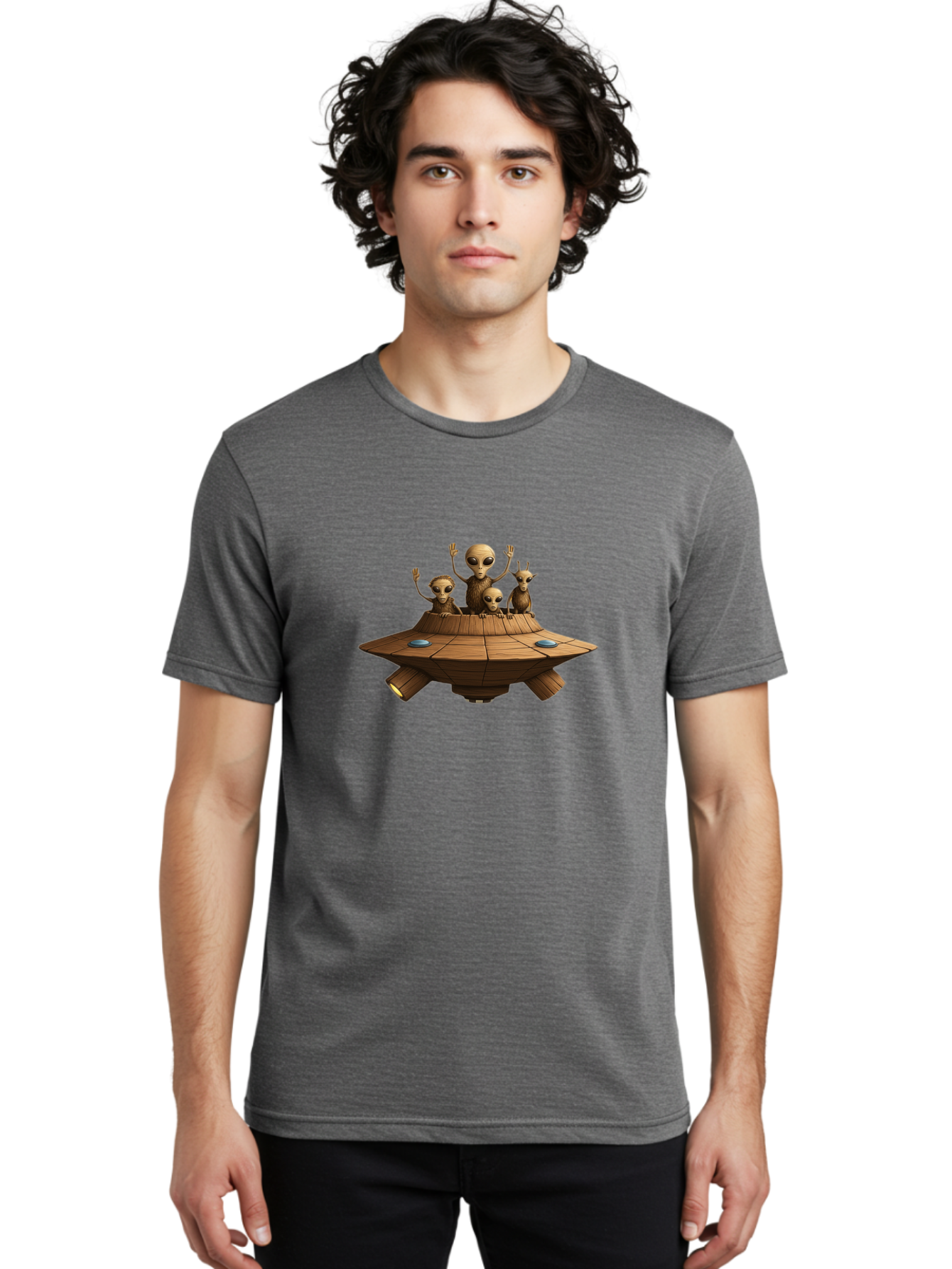 Aliens-On-Ufo-2 Men'S Graphic Tee, 100% Cotton, Comfortable Casual Summer Wear, Machine Washable, Aliens On Spaceship, Ufo Sighting, Extraterrestrial Life, Alien Family, Flying Saucer, Cartoon Style, Humorous Alien Encounter, Sci-Fi Humor, Bab640