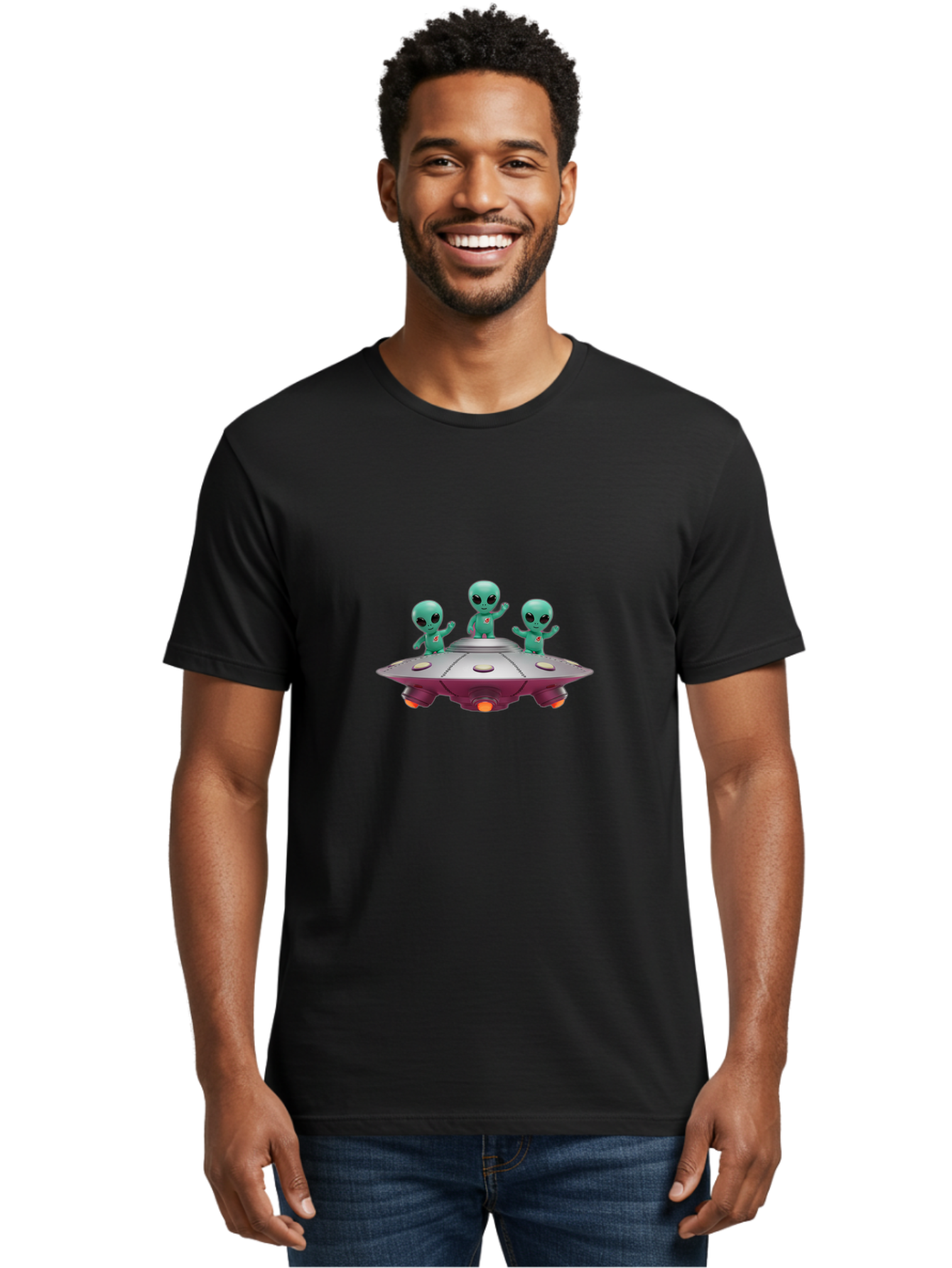 Aliens-On-Ufo Men'S Graphic Tee, 100% Cotton, Comfortable Casual Summer Wear, Machine Washable, Cartoon Aliens, Ufo Spaceship, Extraterrestrial Life, Science Fiction, Friendly Aliens, Outer Space, Futuristic Design, Glowing Lights, Bab642
