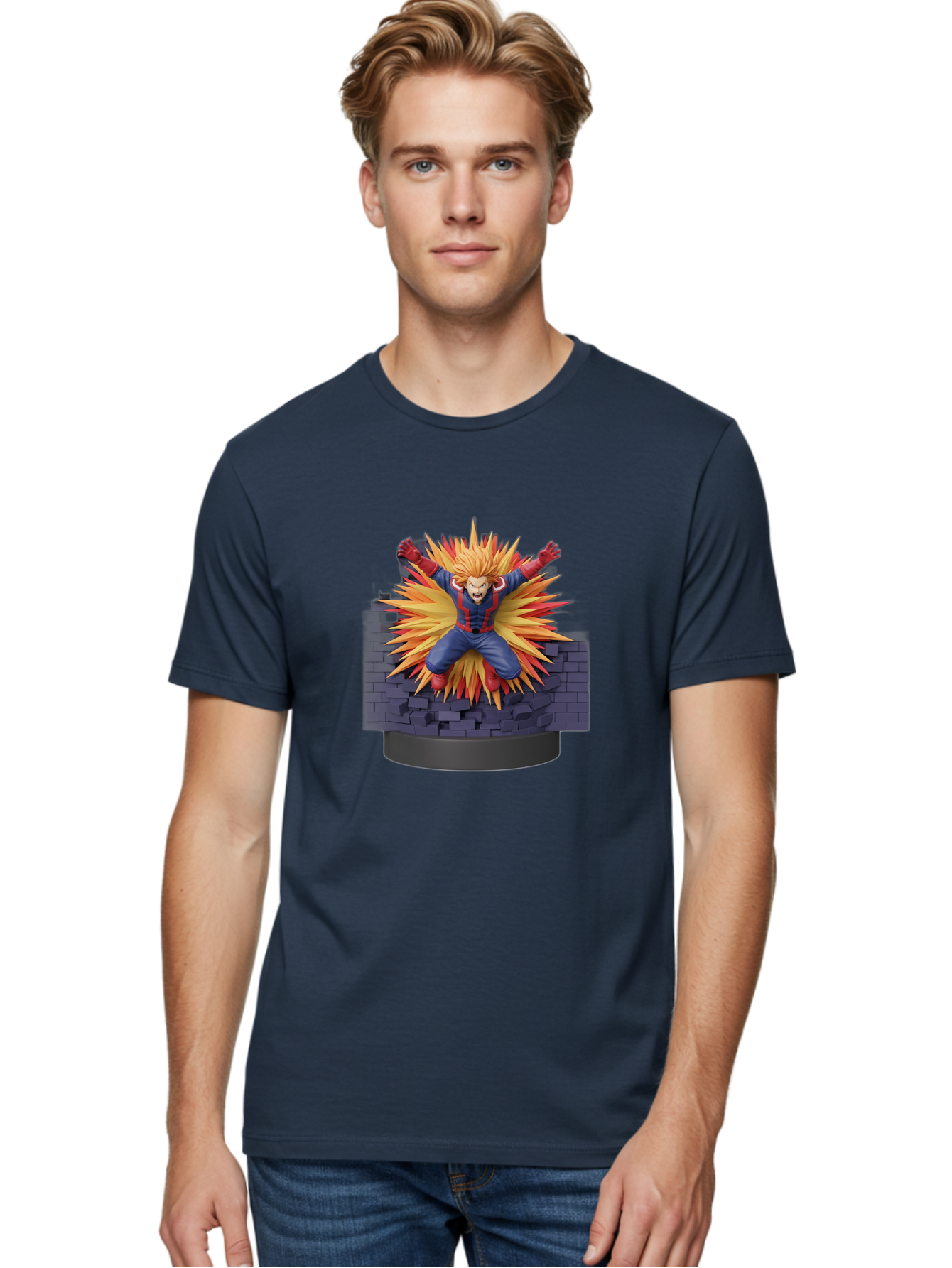All-Might Men'S Graphic Tee, 100% Cotton, Comfortable Casual Summer Wear, Machine Washable, Anime Figurine, Action Figure, All Might, My Hero Academia, Intense Expression, Dynamic Pose, Blue And Red Costume, Dramatic Explosion, 3D Model, Bab643