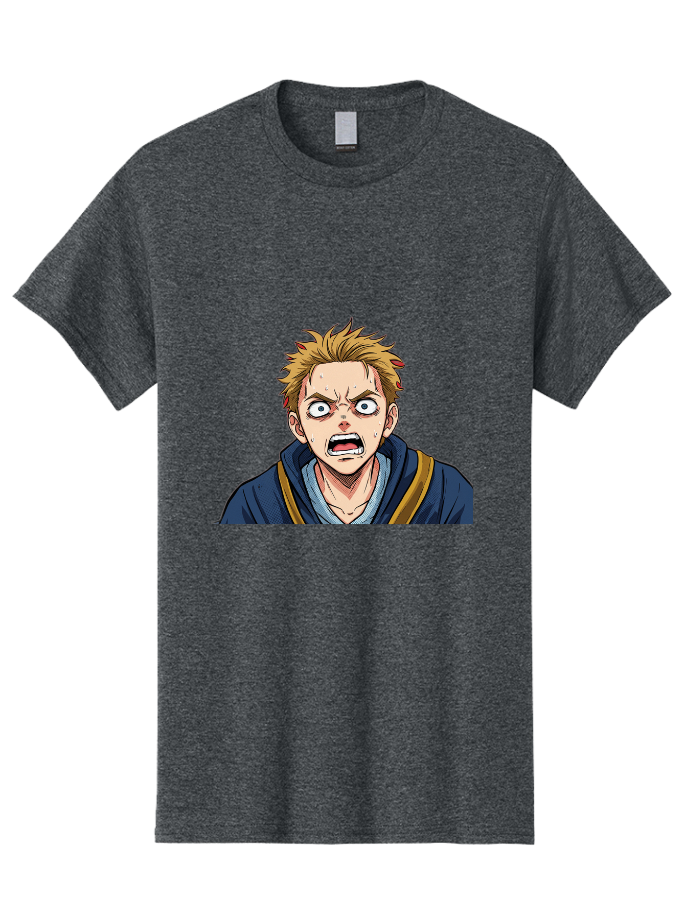 Angry-Anime-Boy Men'S Graphic Tee, 100% Cotton, Comfortable Casual Summer Wear, Machine Washable, Cartoon Character, Young Man, Blond Hair, Blue Hoodie, Shocked Expression, Wide-Eyed, Open-Mouthed, Intense Emotion, Dynamic Pose, Bab644