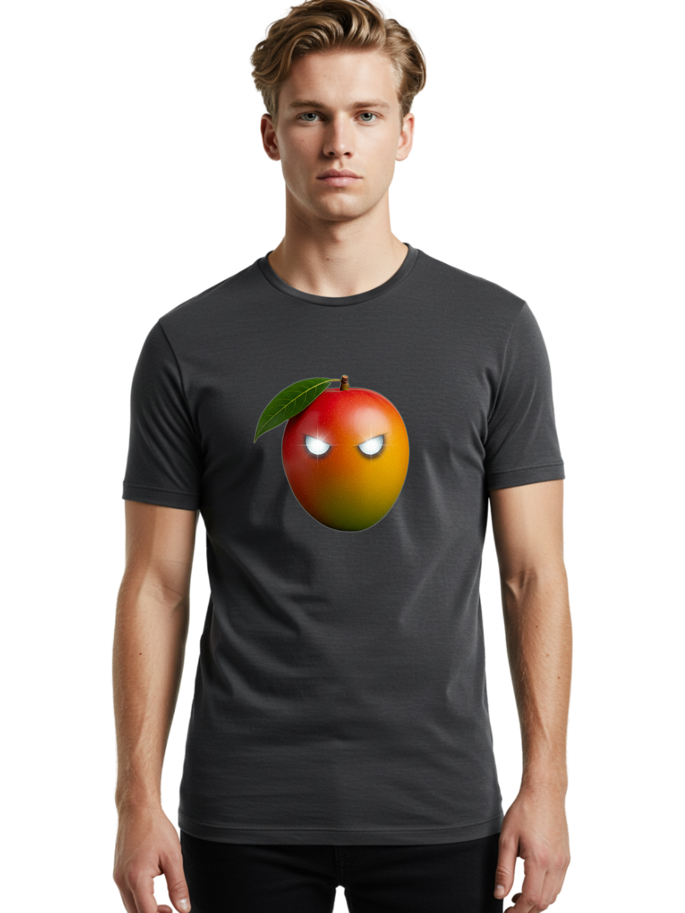 Angry-Mango Men'S Graphic Tee, 100% Cotton, Comfortable Casual Summer Wear, Machine Washable, Angry Mango Face, Mango Fruit, Cartoon Character, Aggressive Expression, Fruit Emoji, Vibrant Colors, Leafy Top, Fun Design, Playful Illustration, Bab647