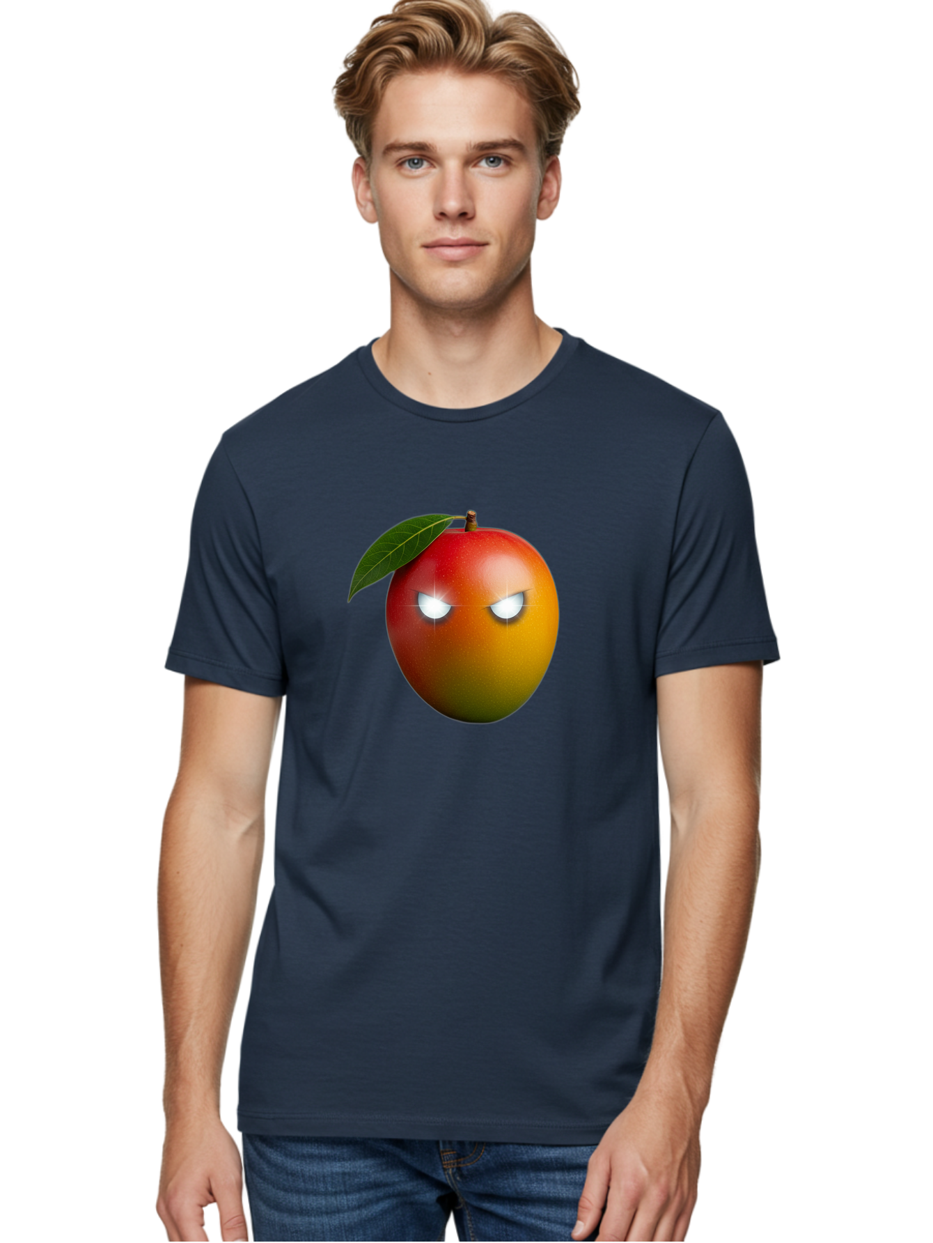 Angry-Mango Men'S Graphic Tee, 100% Cotton, Comfortable Casual Summer Wear, Machine Washable, Angry Mango Face, Mango Fruit, Cartoon Character, Aggressive Expression, Fruit Emoji, Vibrant Colors, Leafy Top, Fun Design, Playful Illustration, Bab647