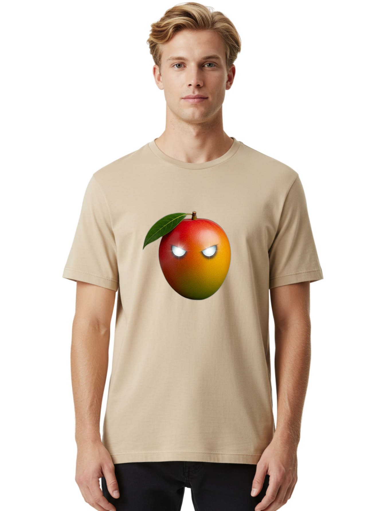 Angry-Mango Men'S Graphic Tee, 100% Cotton, Comfortable Casual Summer Wear, Machine Washable, Angry Mango Face, Mango Fruit, Cartoon Character, Aggressive Expression, Fruit Emoji, Vibrant Colors, Leafy Top, Fun Design, Playful Illustration, Bab647
