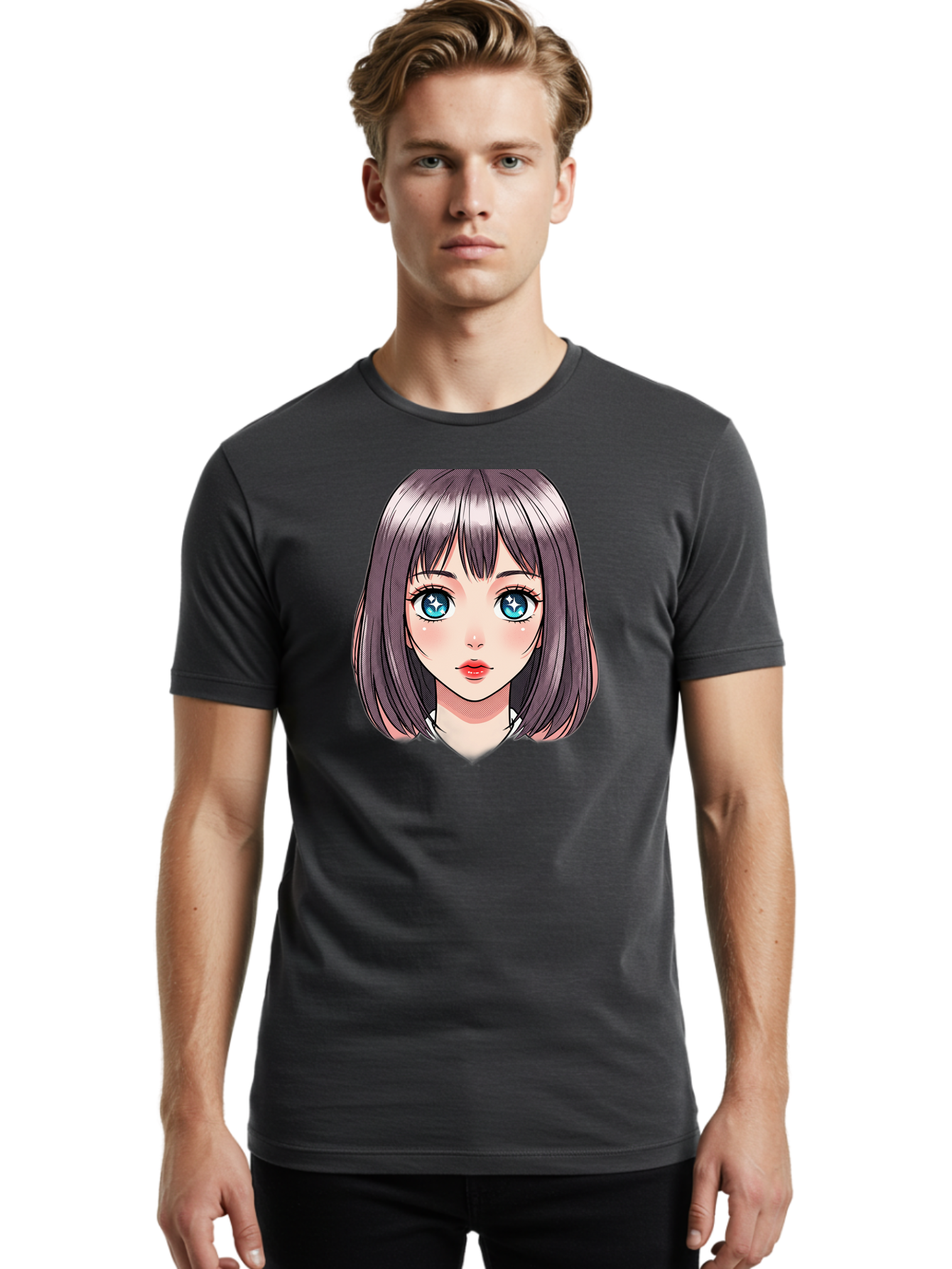 Anime-Girl Men'S Graphic Tee, 100% Cotton, Comfortable Casual Summer Wear, Machine Washable, Anime Girl, Manga Style, Blue Eyes, Short Hair, Bangs, Cartoon Character, Vibrant Colors, Kawaii Art, Digital Illustration, Young Female Character, Bab648